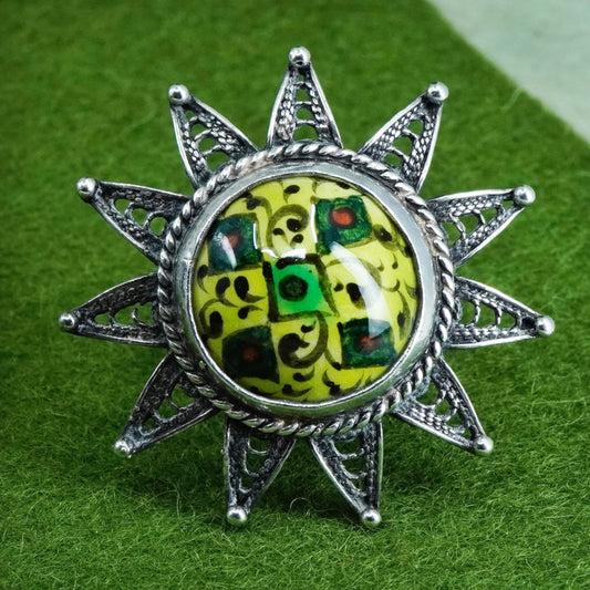 Size adjustable, Sterling silver ring, 925 filigree flower band artisan glass
