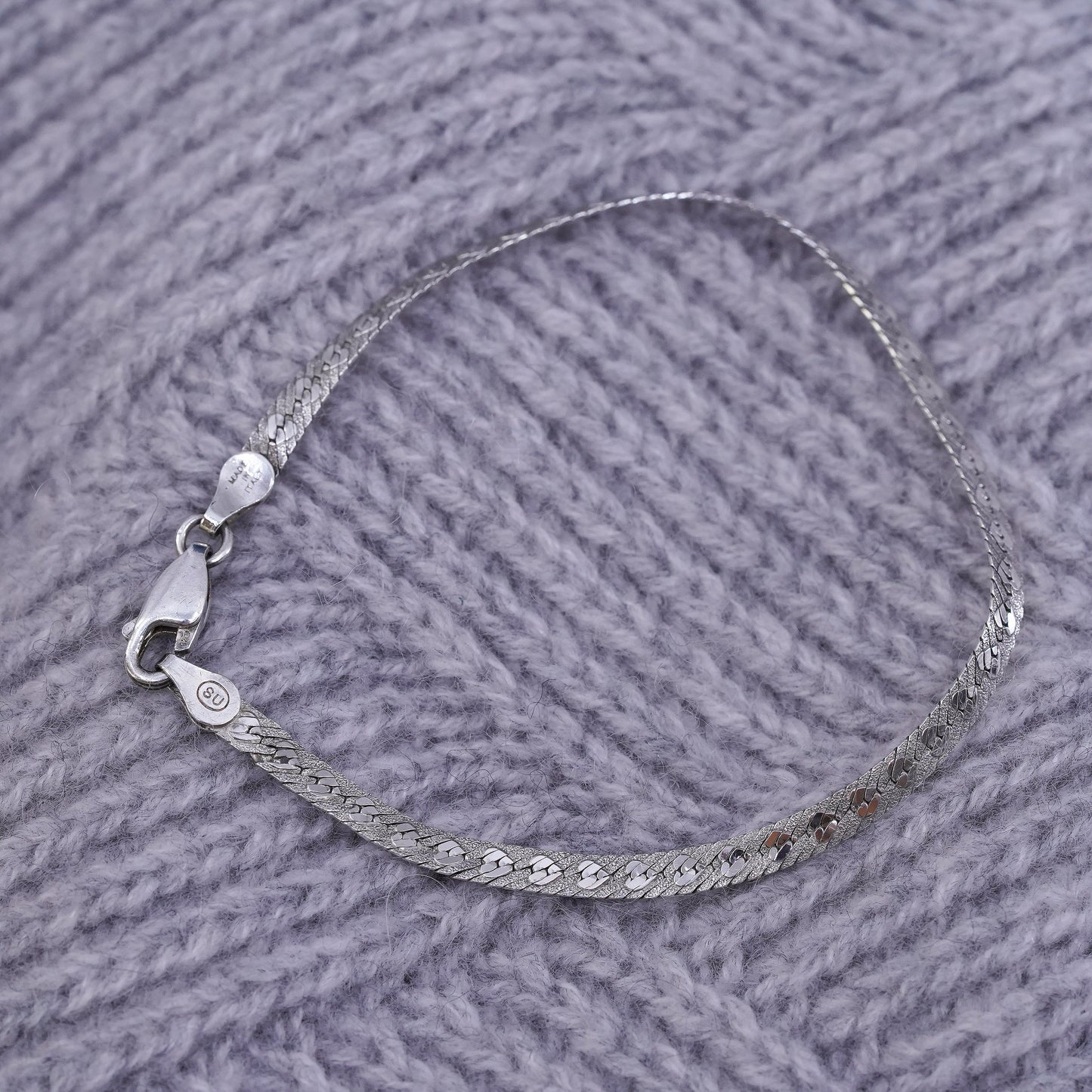 7”, Sterling silver handmade bracelet, heart textured 925 herringbone chain