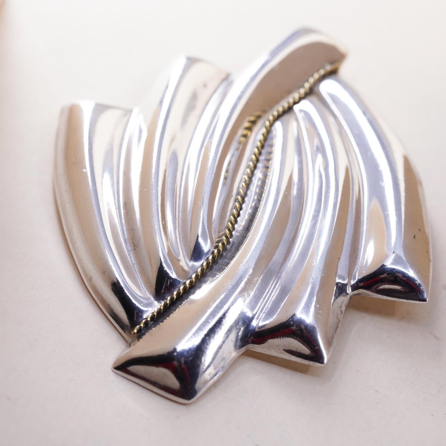 VTG two tone Mexican Sterling silver brooch Ribbed 925 square modernist pendant