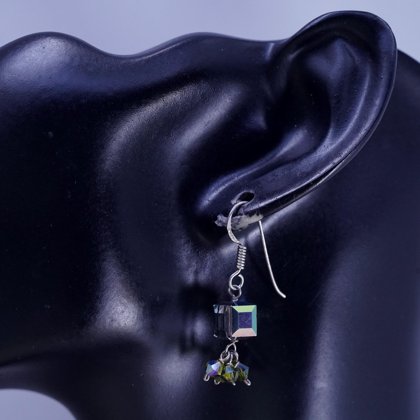 Vintage sterling silver handmade earrings, 925 hooks with crystal cube dangles