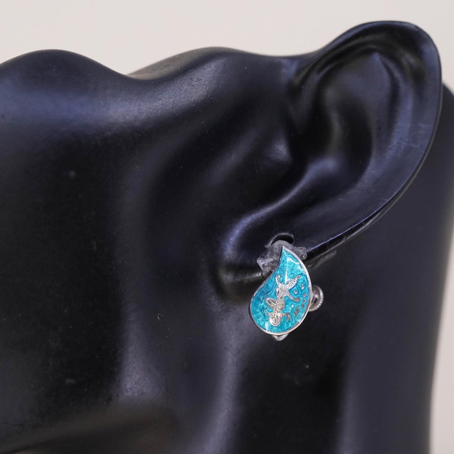 Sterling silver single earring, 925 teardrop screw back Indian blue enamel