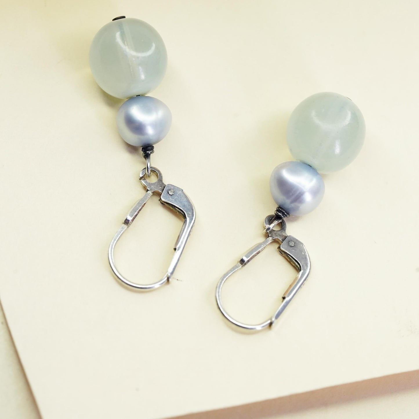 Vintage sterling silver handmade earrings, 925 hooks with jade pearl beads