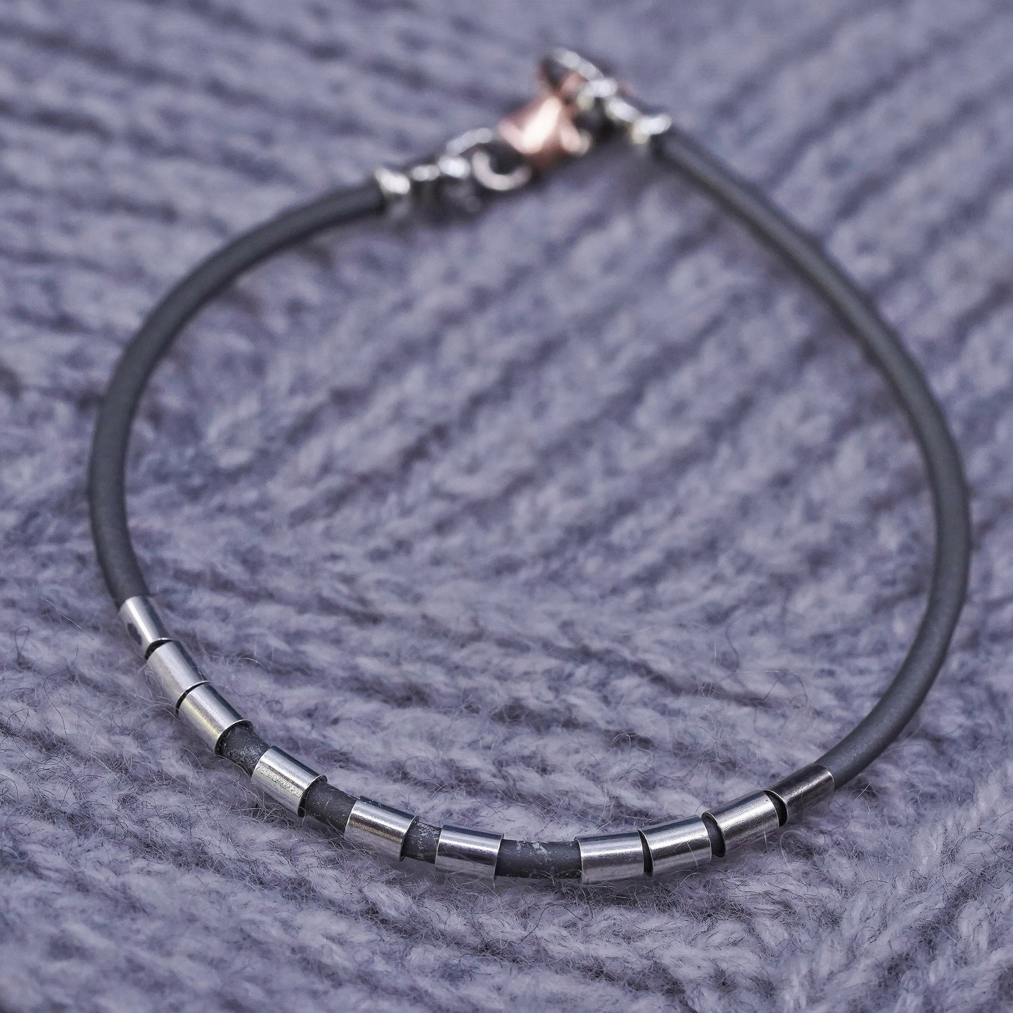 6.25”, Vintage Sterling silver handmade bracelet, 925 tube w/ gray rubber band