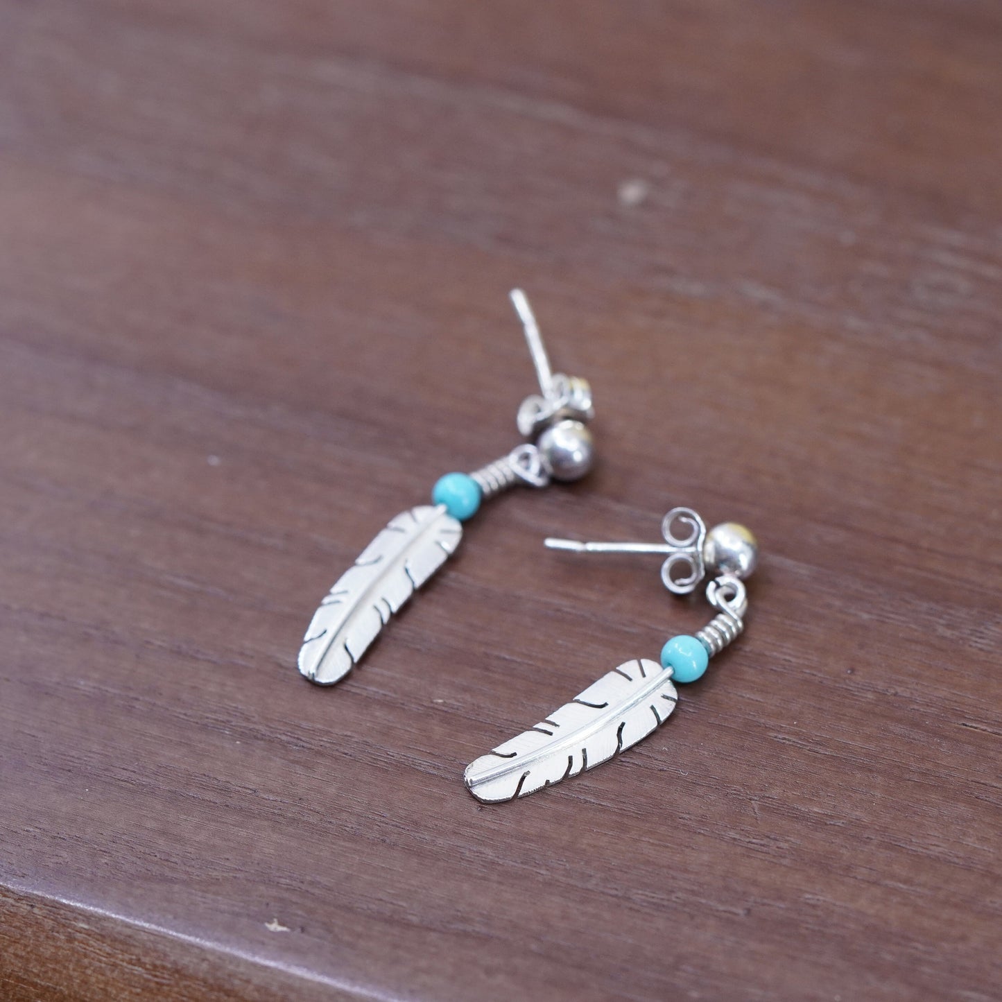 Sterling 925 silver handmade disc earrings with turquoise and feather dangles