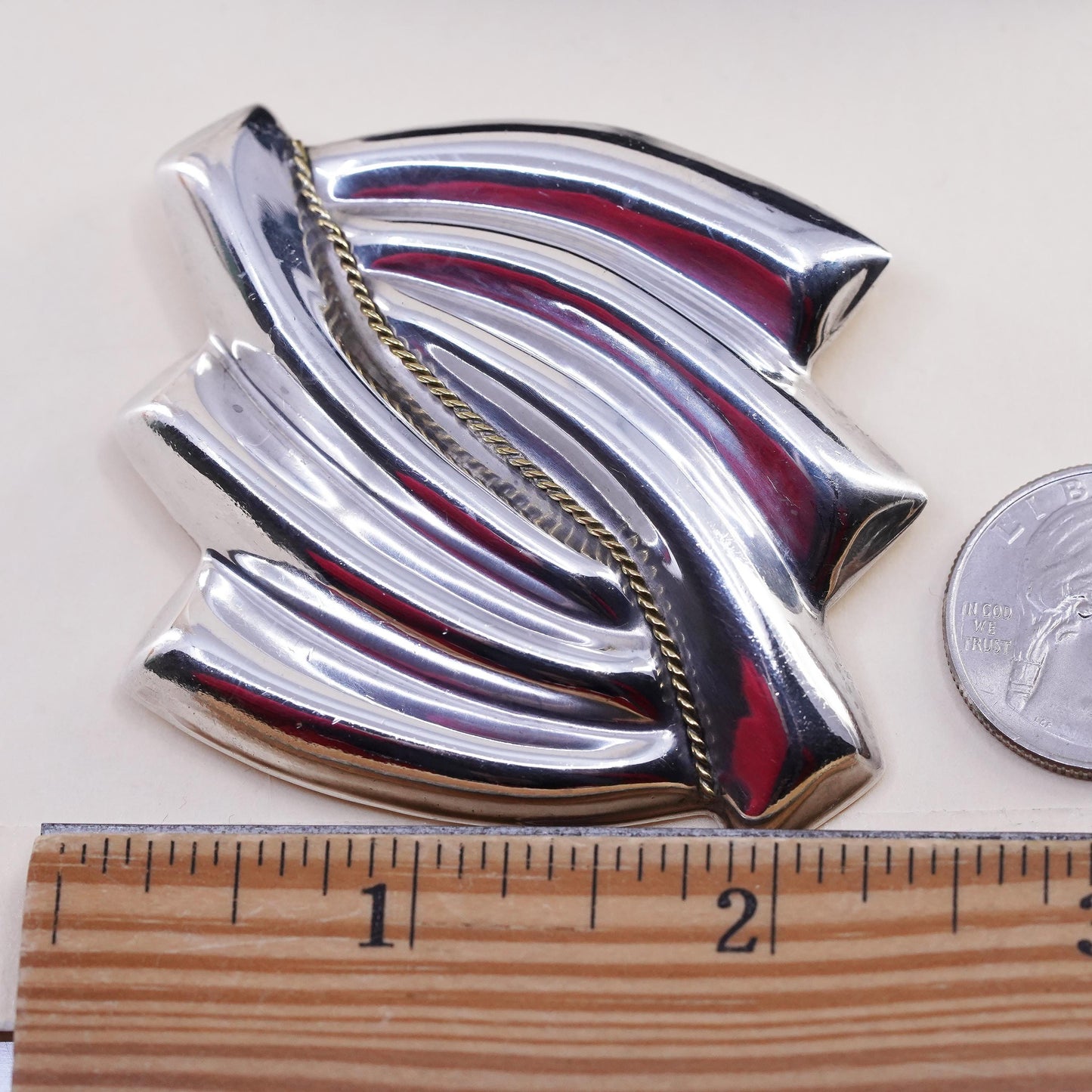 VTG two tone Mexican Sterling silver brooch Ribbed 925 square modernist pendant