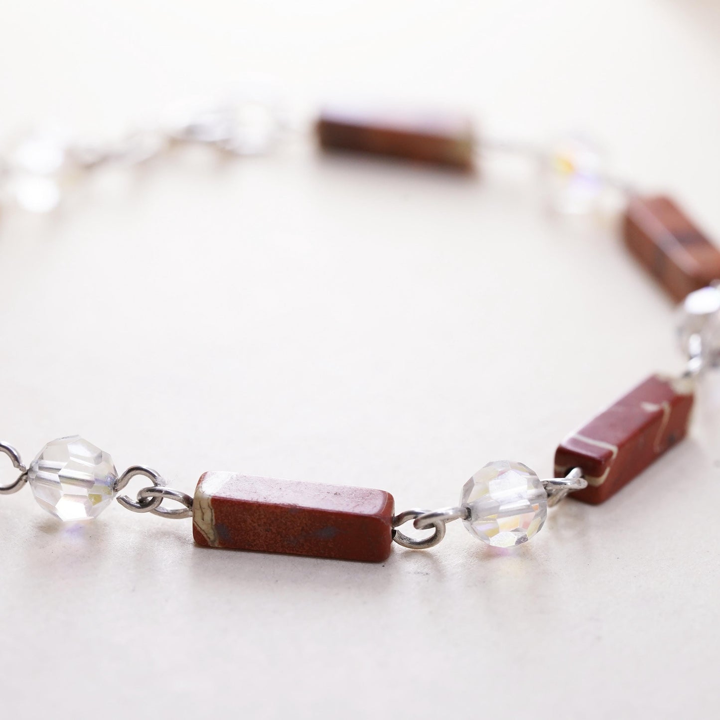 7", vintage Sterling 925 silver handmade bracelet with red jasper tubes