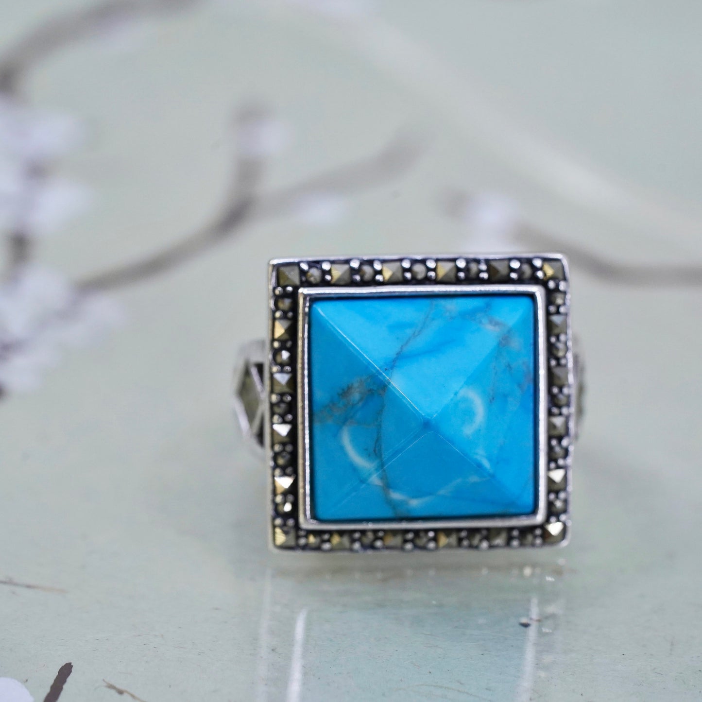Size 7, sterling silver Native American 925 ring w/ pyramid turquoise marcasite