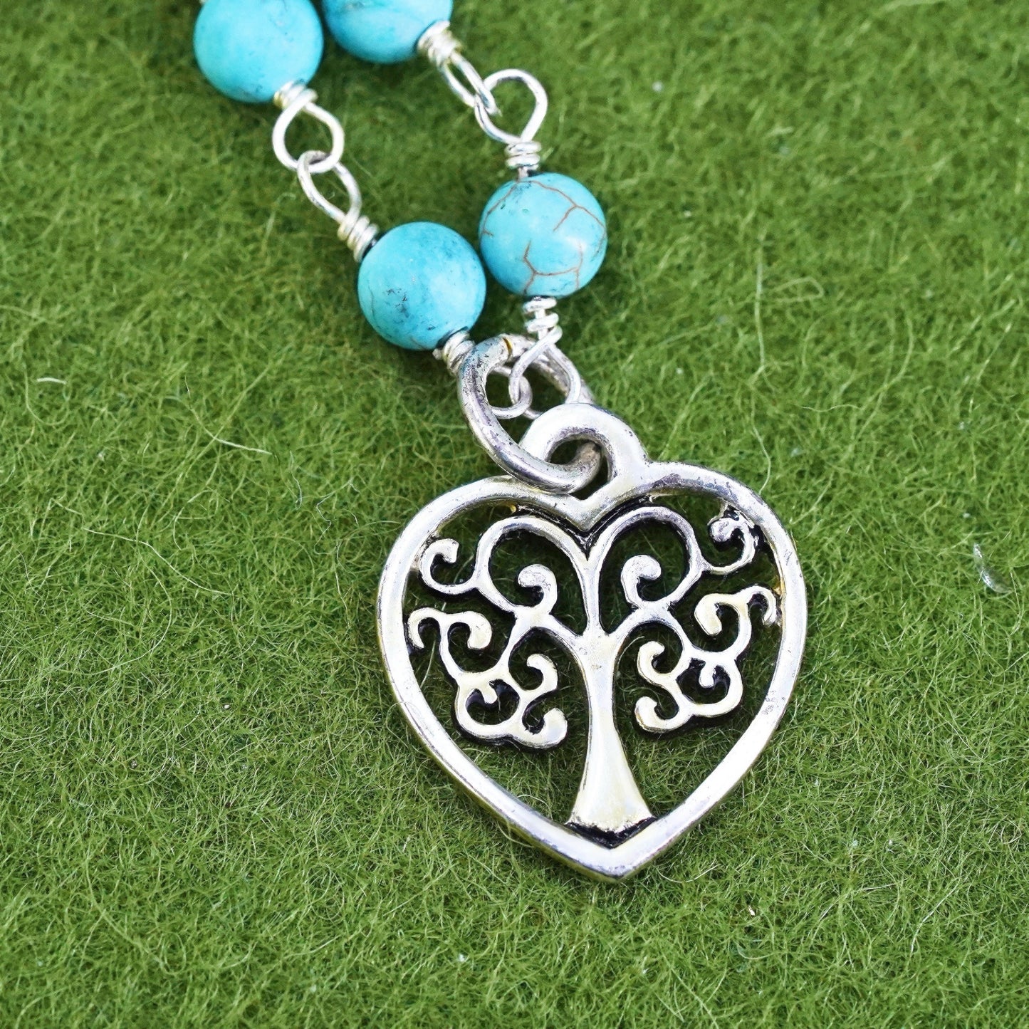 18", Native American Sterling silver necklace, 925 circle chain heart turquoise