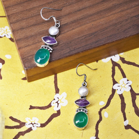Vintage Sterling silver earrings, southwestern 925 dangles pearl jade amethyst