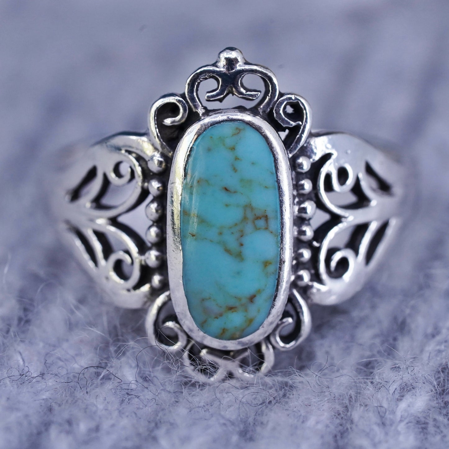 Size 10, vintage Sterling 925 silver handmade ring with turquoise and beads
