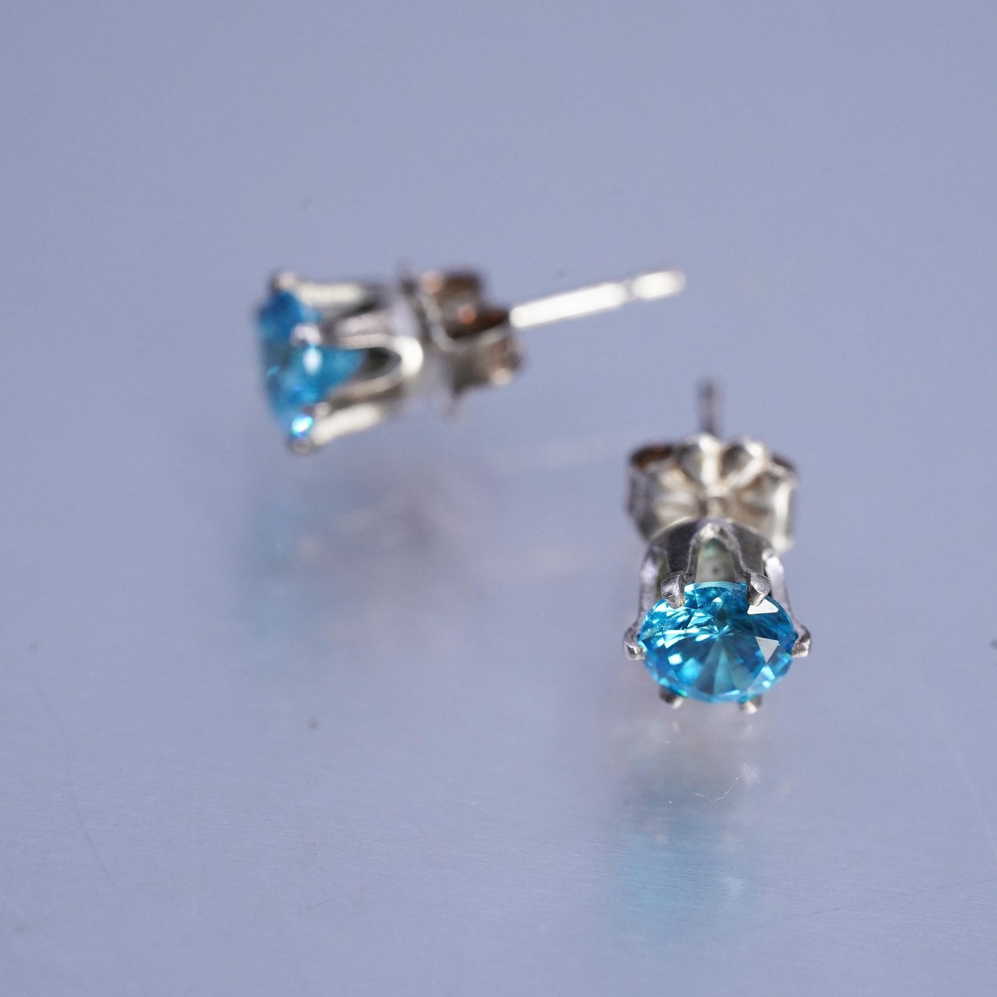 4mm, Vintage Sterling 925 silver handmade earrings, blue cz studs