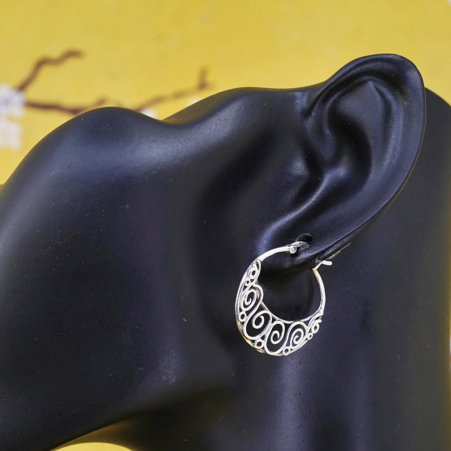 1”, Sterling silver flatten matted filigree swirly hoop earrings, 925 huggie