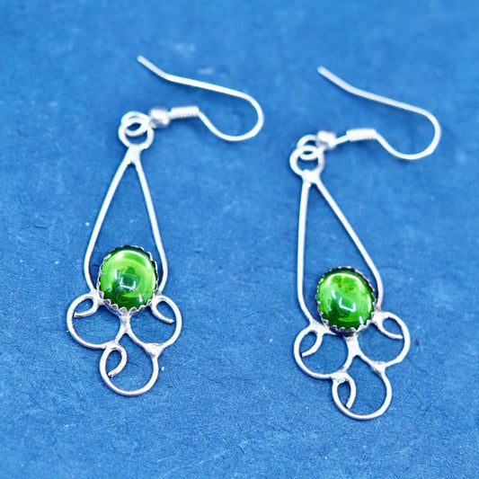 Vintage sterling silver handmade earrings, 925 circle with green glass bead