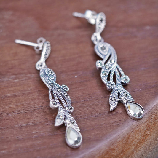 Vintage Sterling 925 silver handmade leafy vine earrings with marcasite details