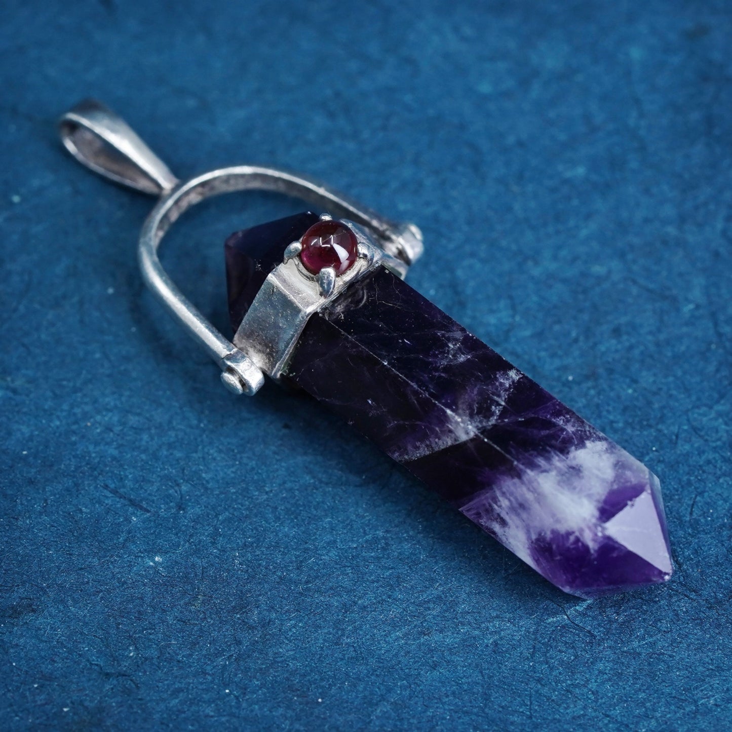 vtg handmade sterling 925 silver charm pendant with healing garnet and amethyst