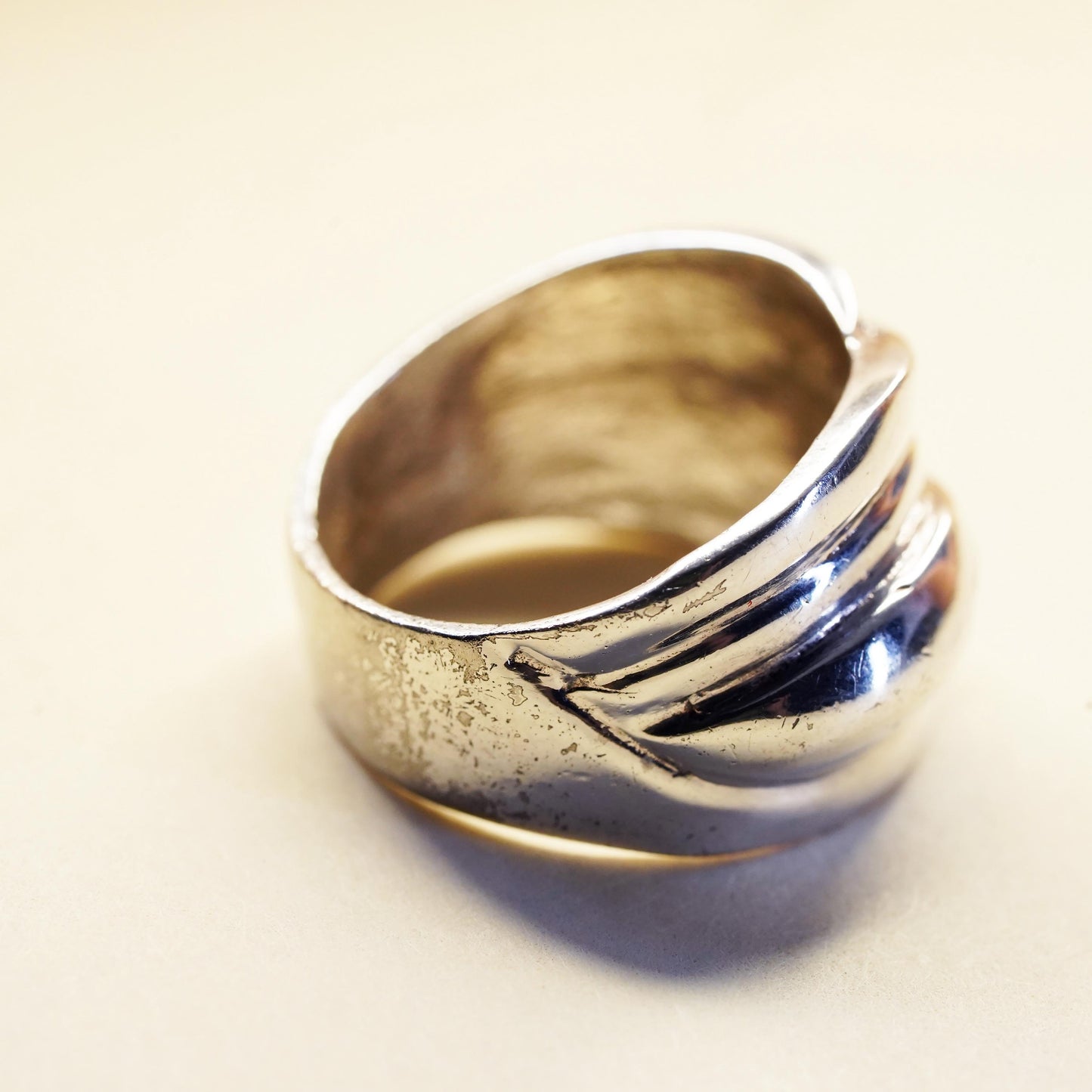 Size 6.5, vintage sterling silver handmade ring, 925 ribbed wavy wide band