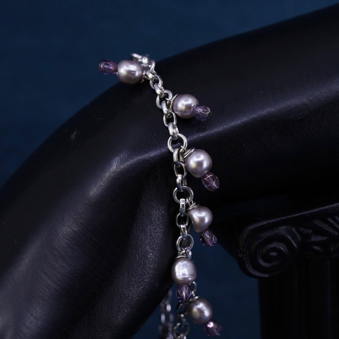 8.25”, vintage Sterling silver handmade bracelet, 925 circle chain gray pearl