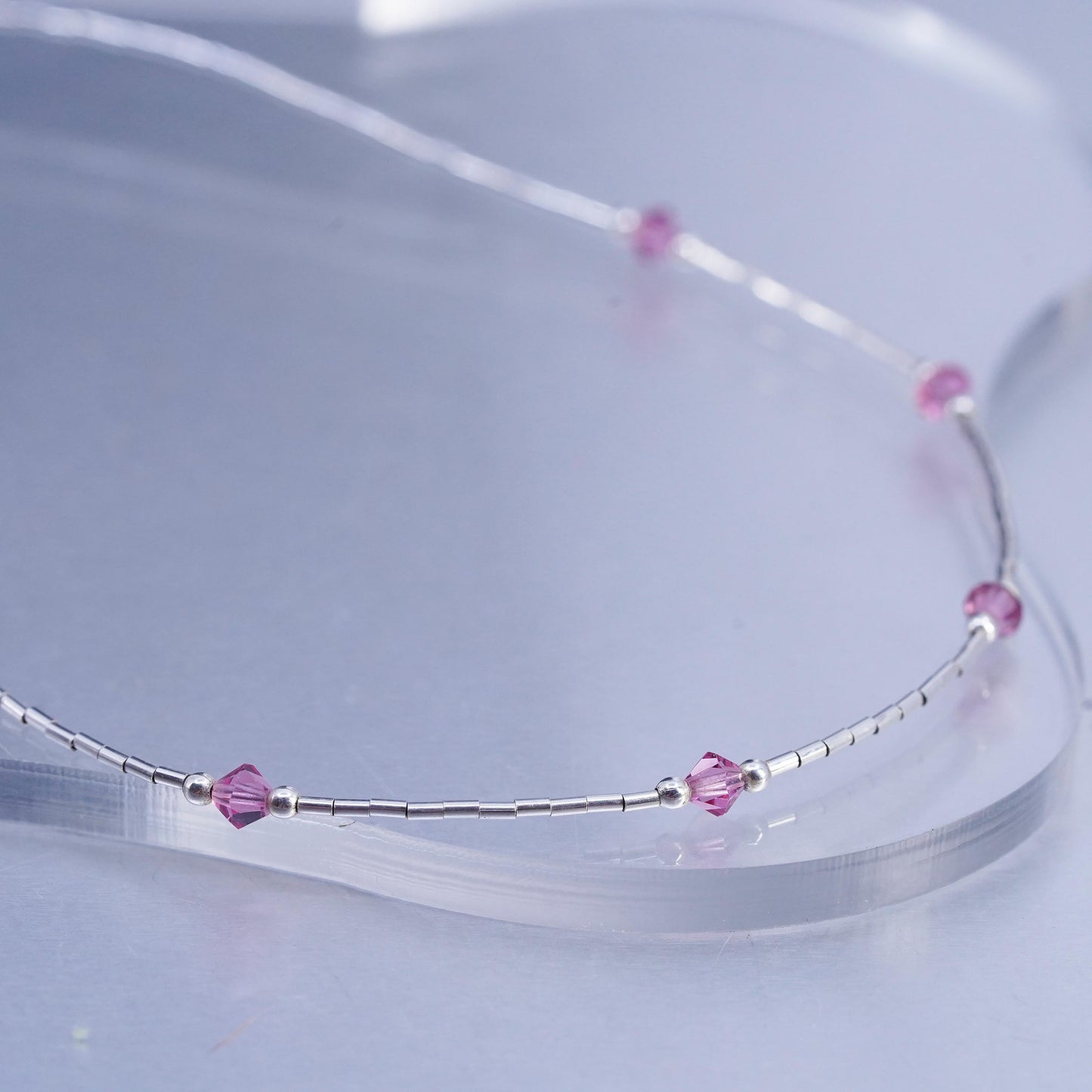 14”, Native American Sterling 925 liquid silver necklace pink crystal beads
