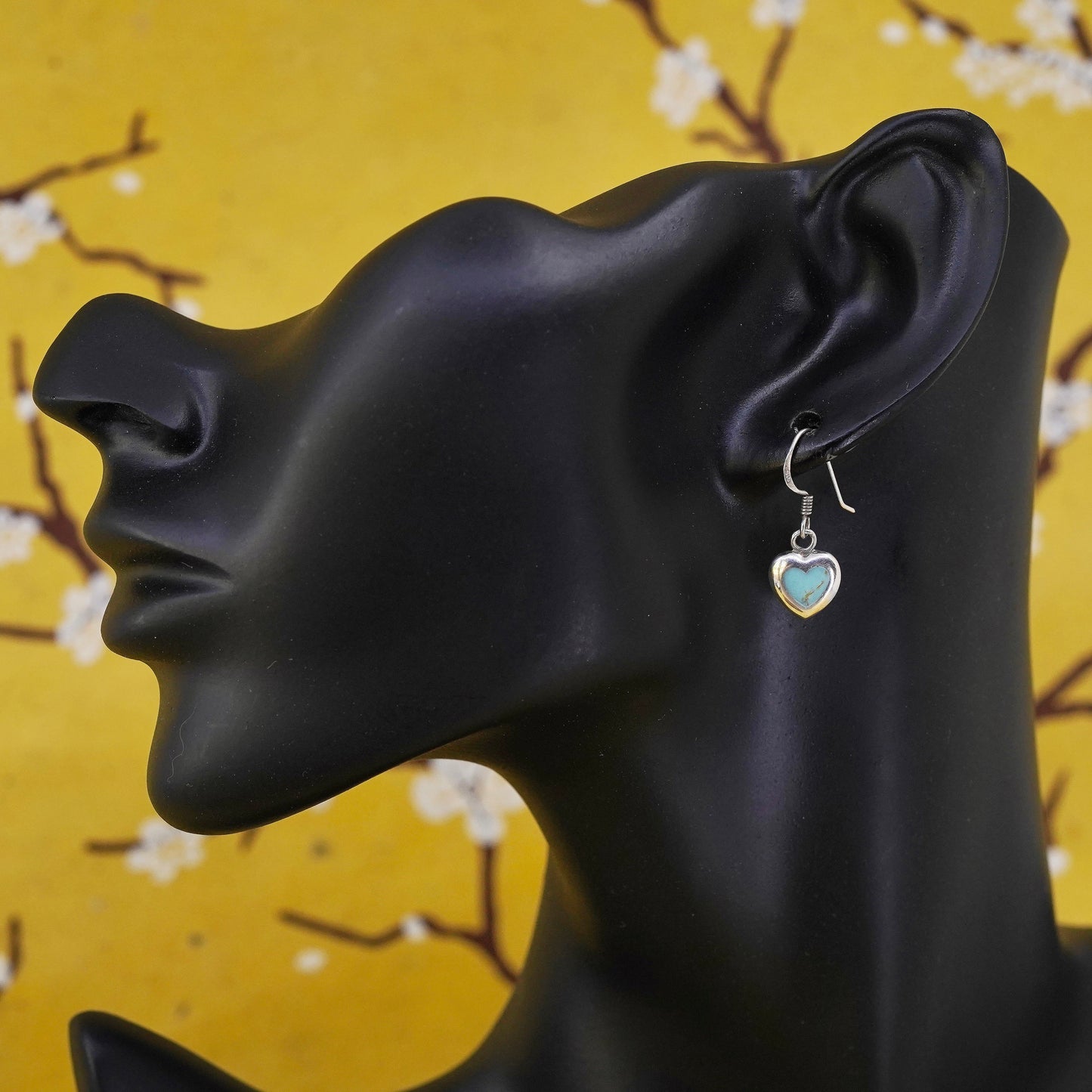 Vintage Sterling silver handmade earrings with heart turquoise inlay