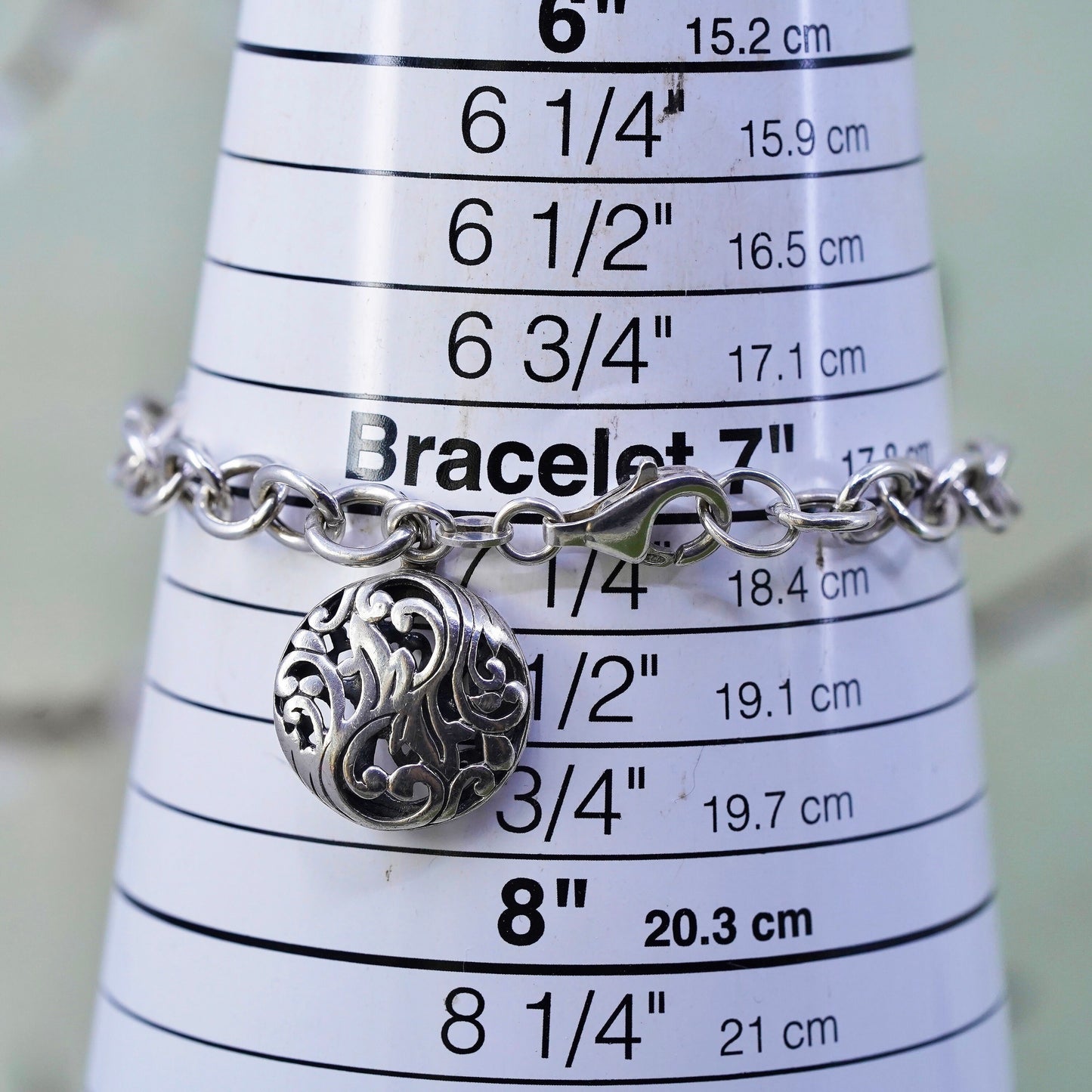7", sterling 925 silver circle link charm bracelet with filigree circle charm
