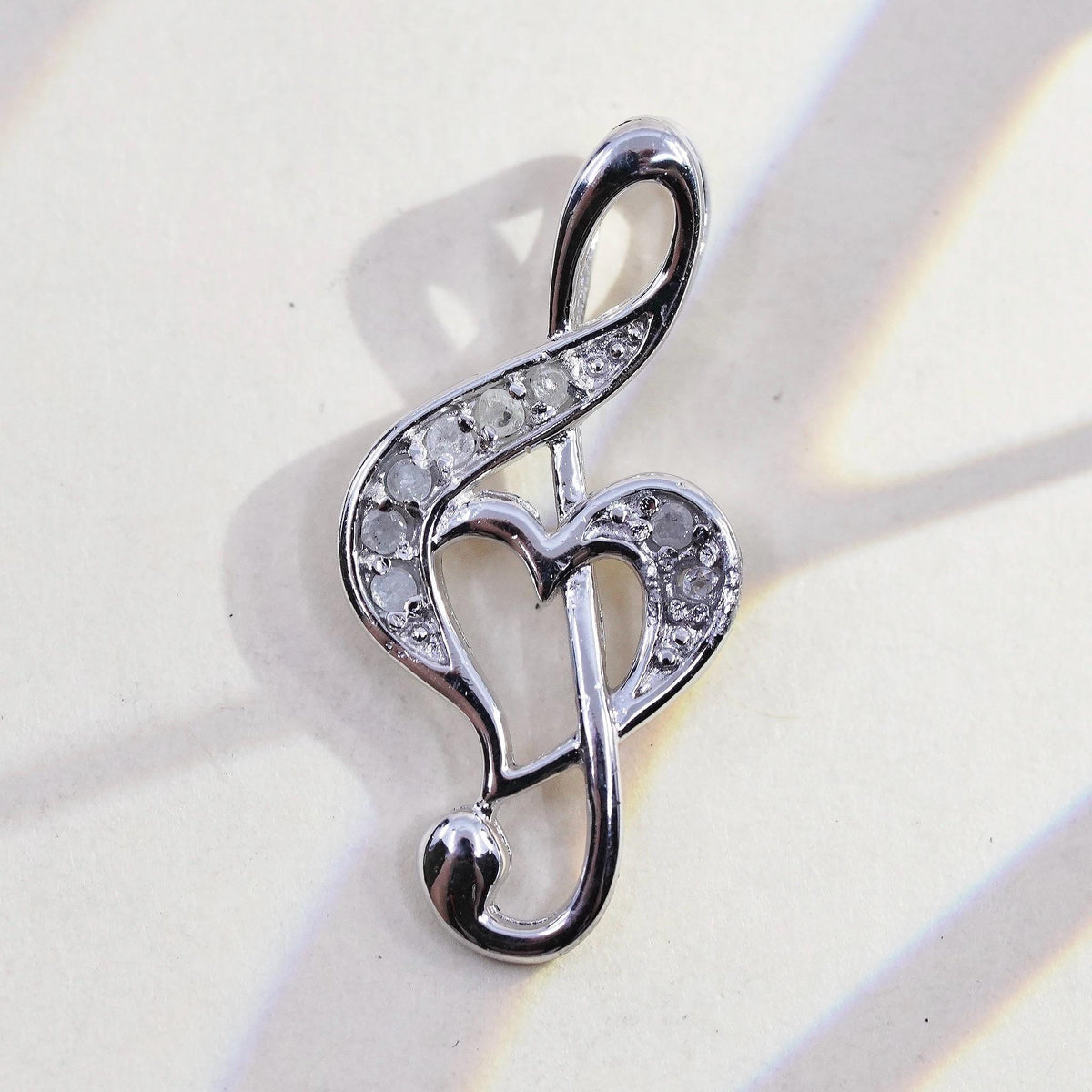Vintage Sterling silver handmade pendant, 925 Music Note with cluster diamonds