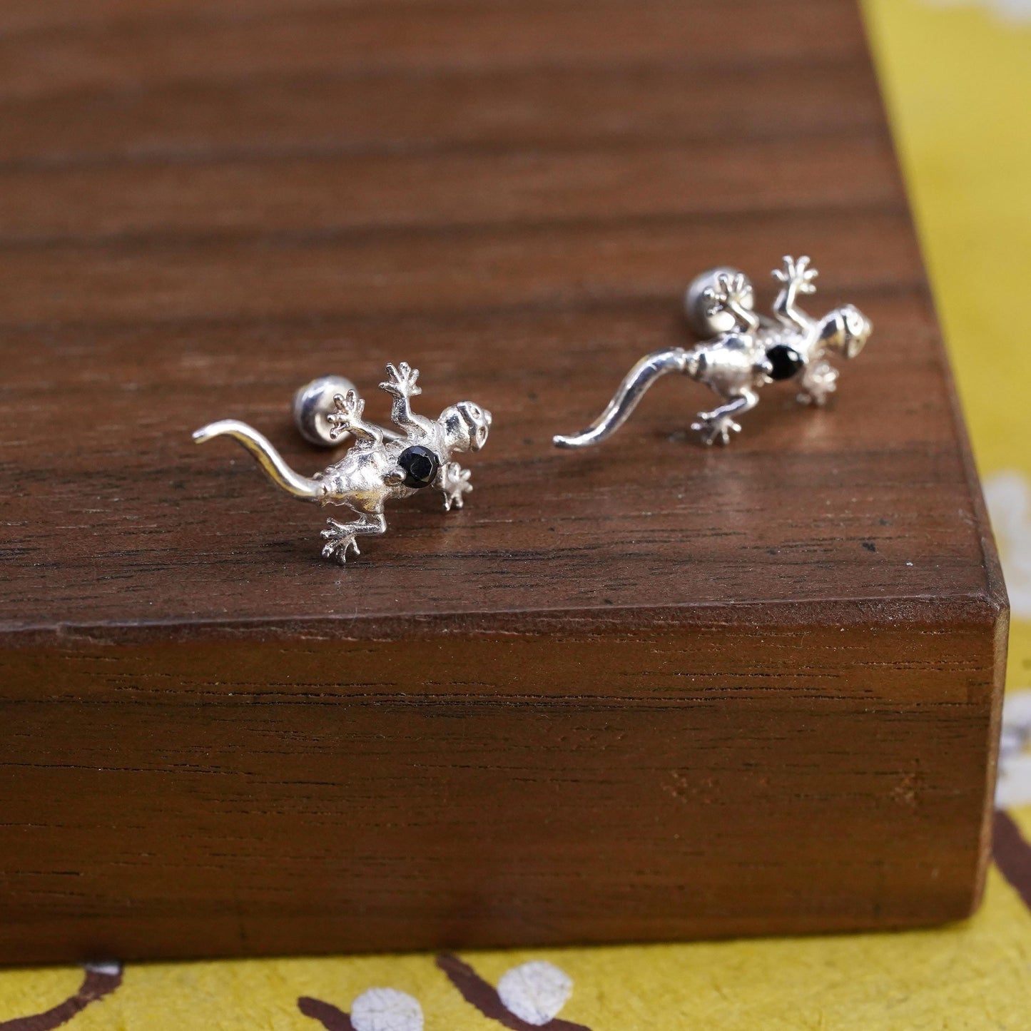Vintage Sterling 925 silver lizard studs, earrings w/ black crystal screw back