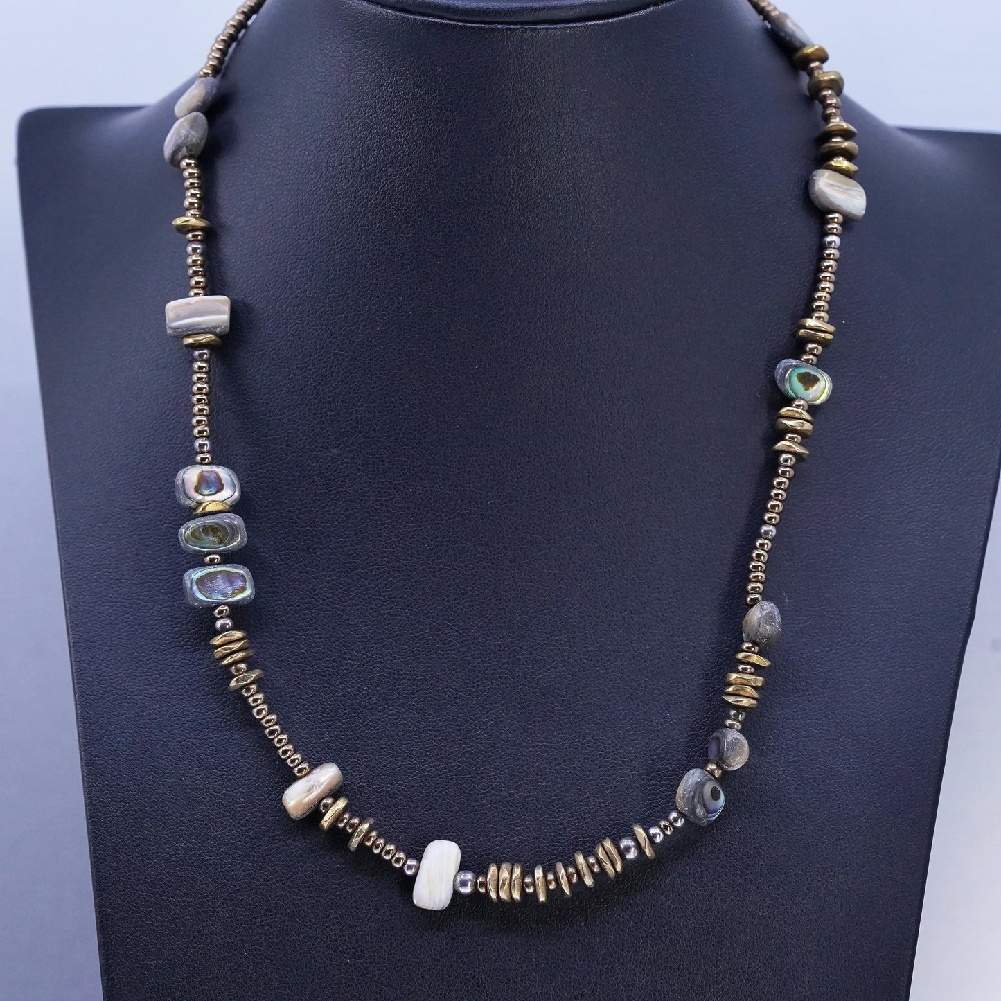 16+2", vtg 925 Sterling 925 Silver Handmade Necklace with brass abalone beads