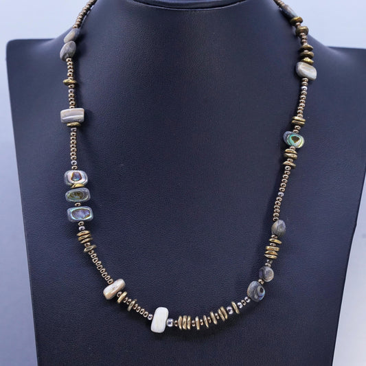 16+2", vtg 925 Sterling 925 Silver Handmade Necklace with brass abalone beads