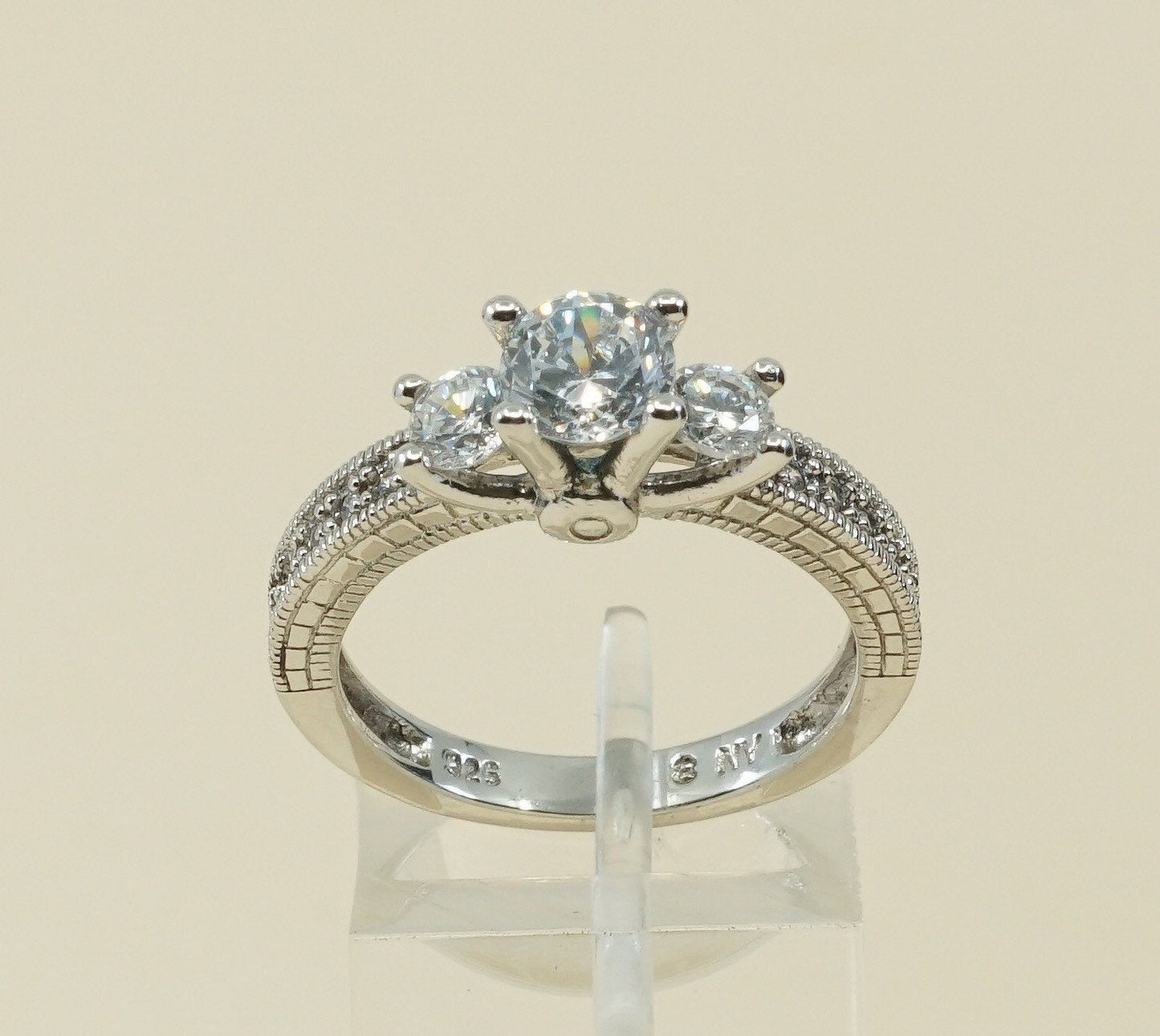 sz 8.25, vtg handmade sterling silver round crystal ring, engagement 925 ring