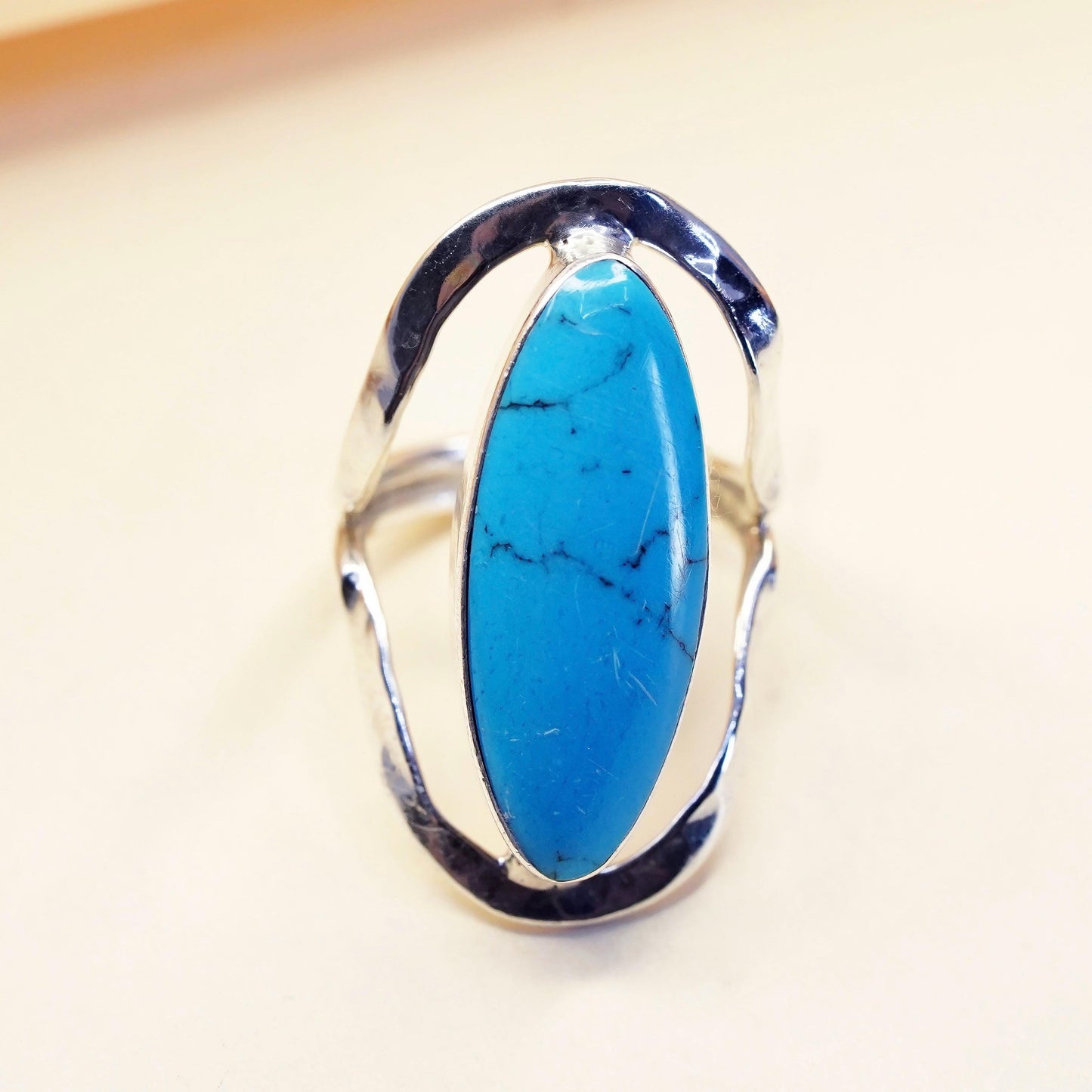 Size 5, Vintage sterling silver ring, 925 statement band with oval turquoise