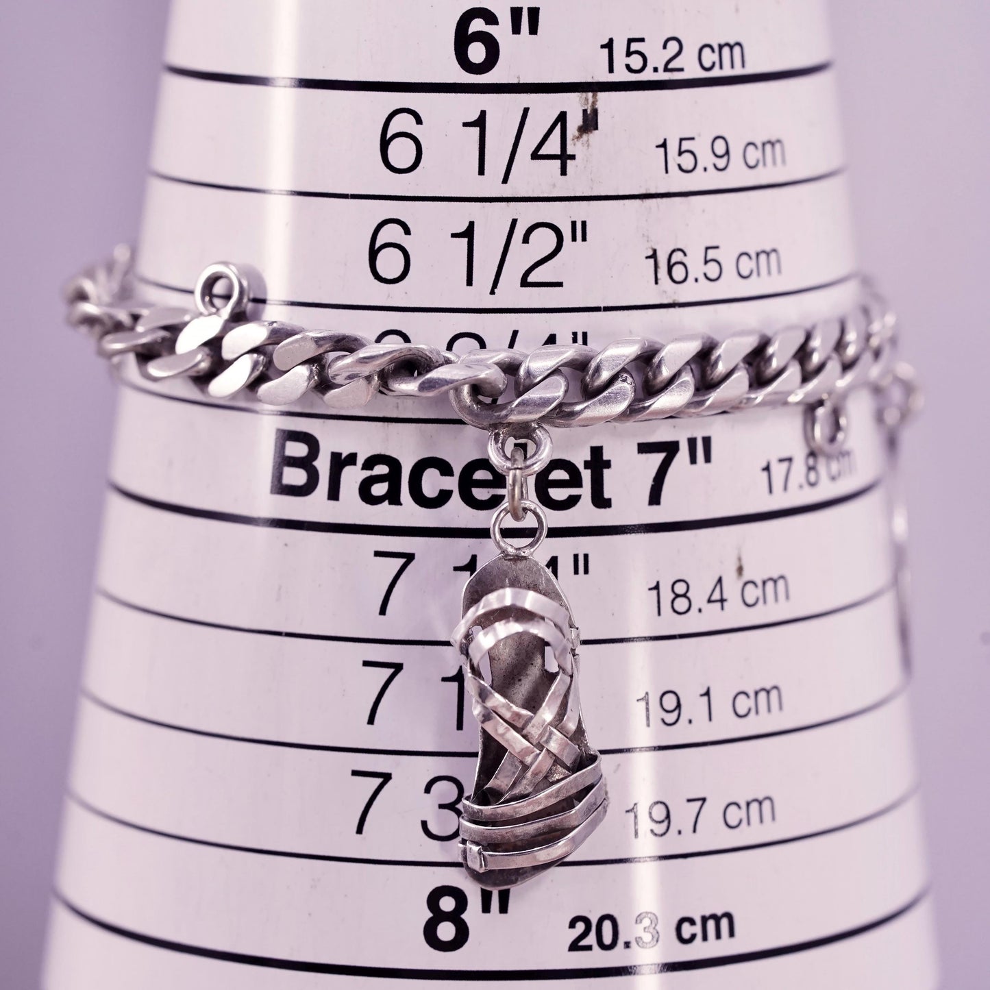 6.75” Castelan sterling silver bracelet, 925 curb chain 2 charms Mayan calendar