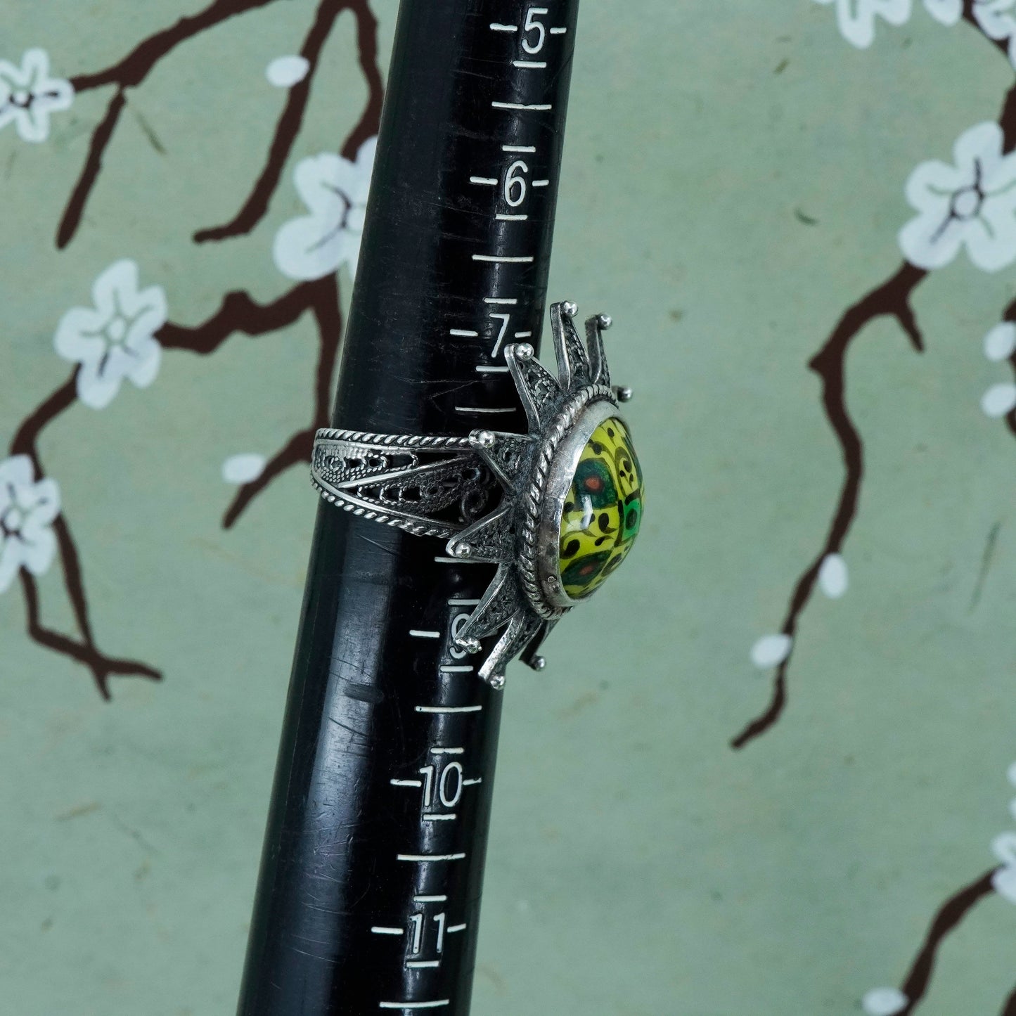 Size adjustable, Sterling silver ring, 925 filigree flower band artisan glass