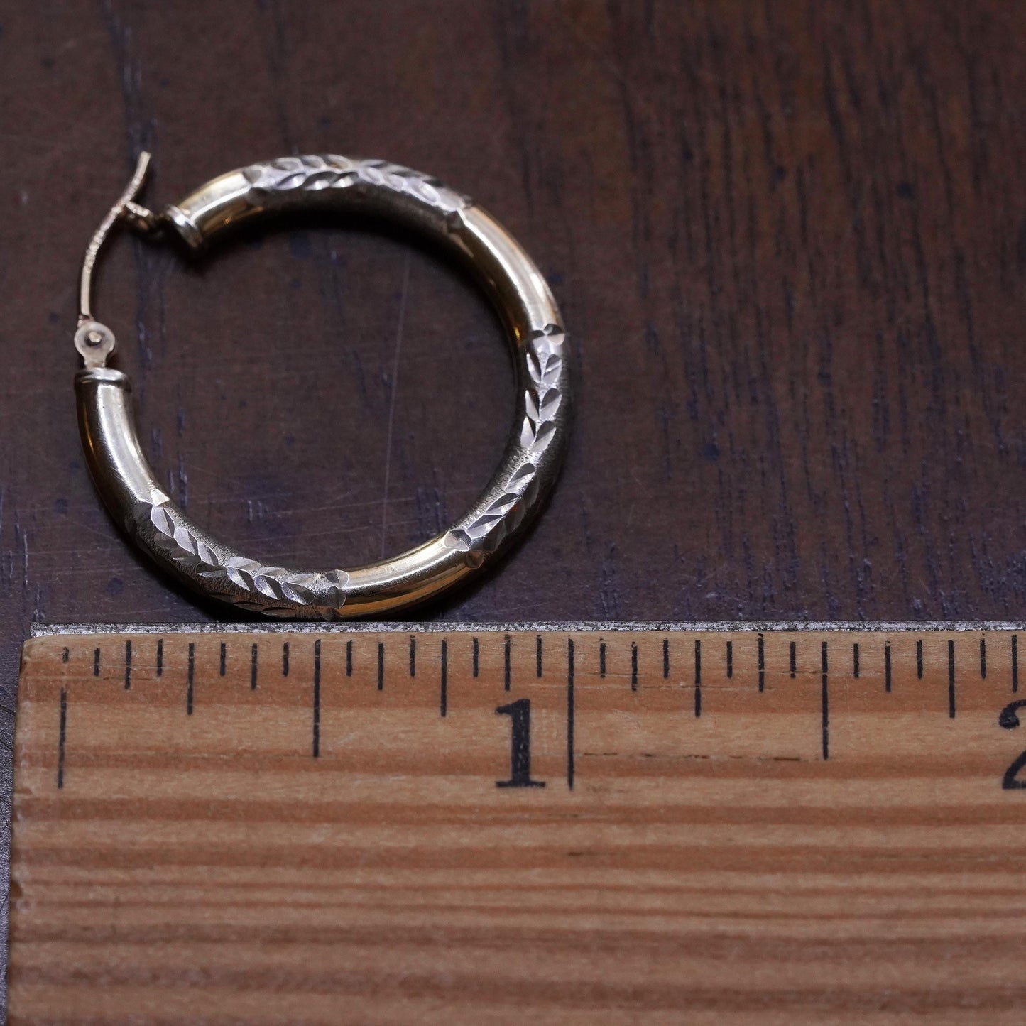 1", Vintage 1/20 10K yellow gold sterling silver single earring, textured hoop