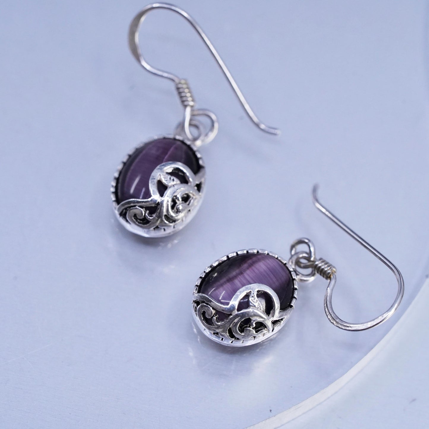 Vintage Sterling Silver Handmade Earrings, 925 Silver with purple Tiger Eye