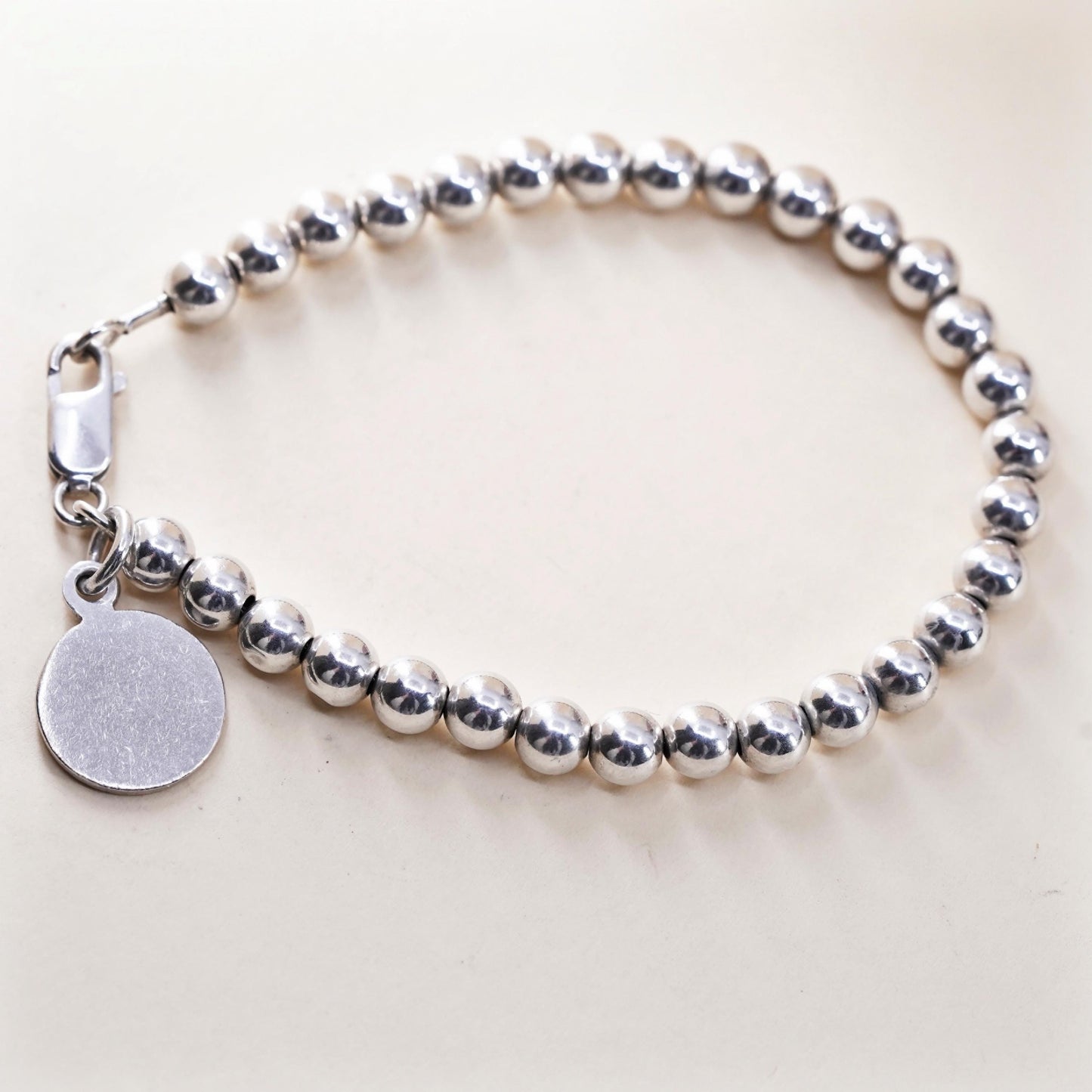 7” 5mm, Vintage sterling 925 silver bead bracelet tag charm engraved letter H