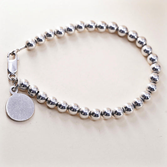 7” 5mm, Vintage sterling 925 silver bead bracelet tag charm engraved letter H