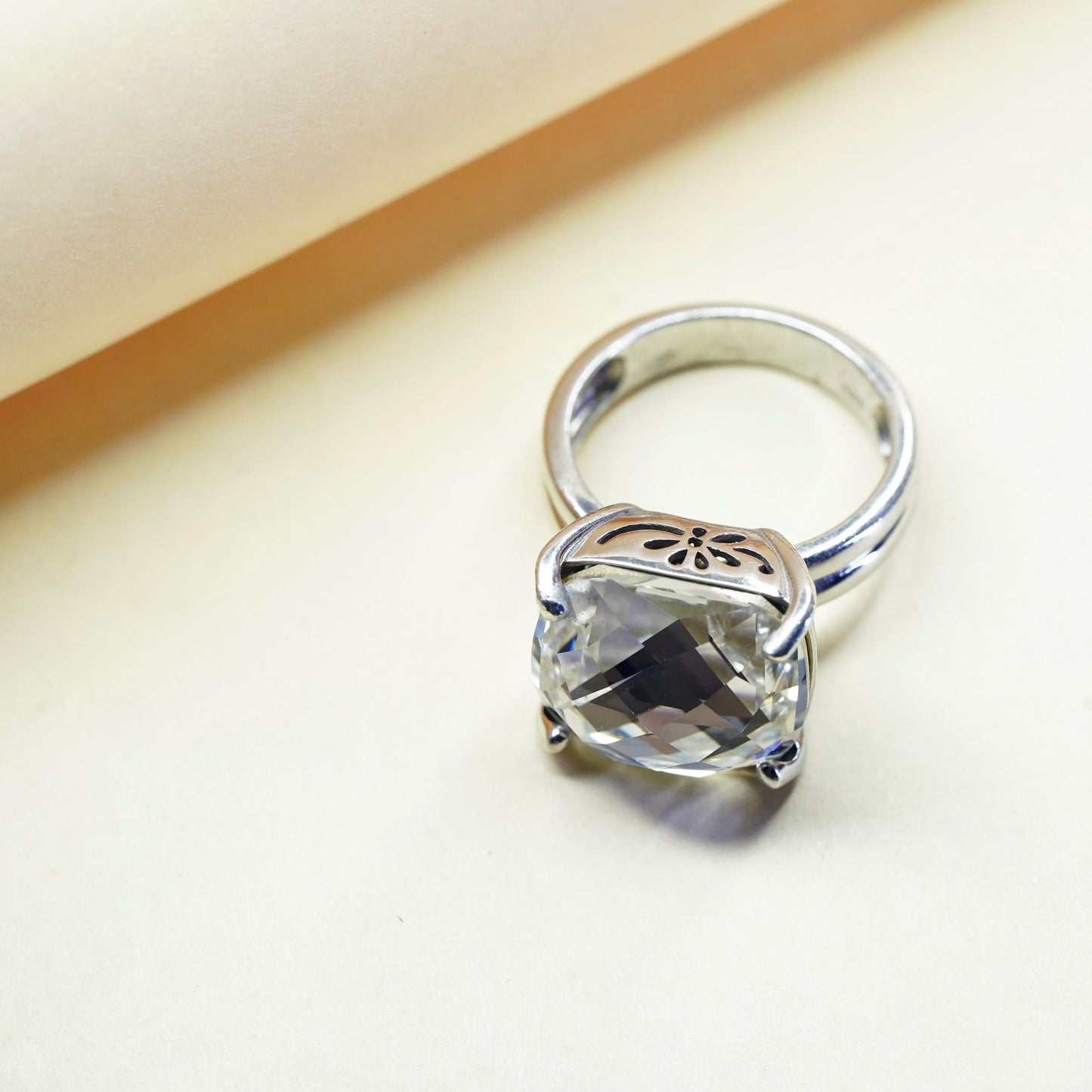 Size 8.25, Vintage Sterling 925 silver statement ring with cushion cut cz