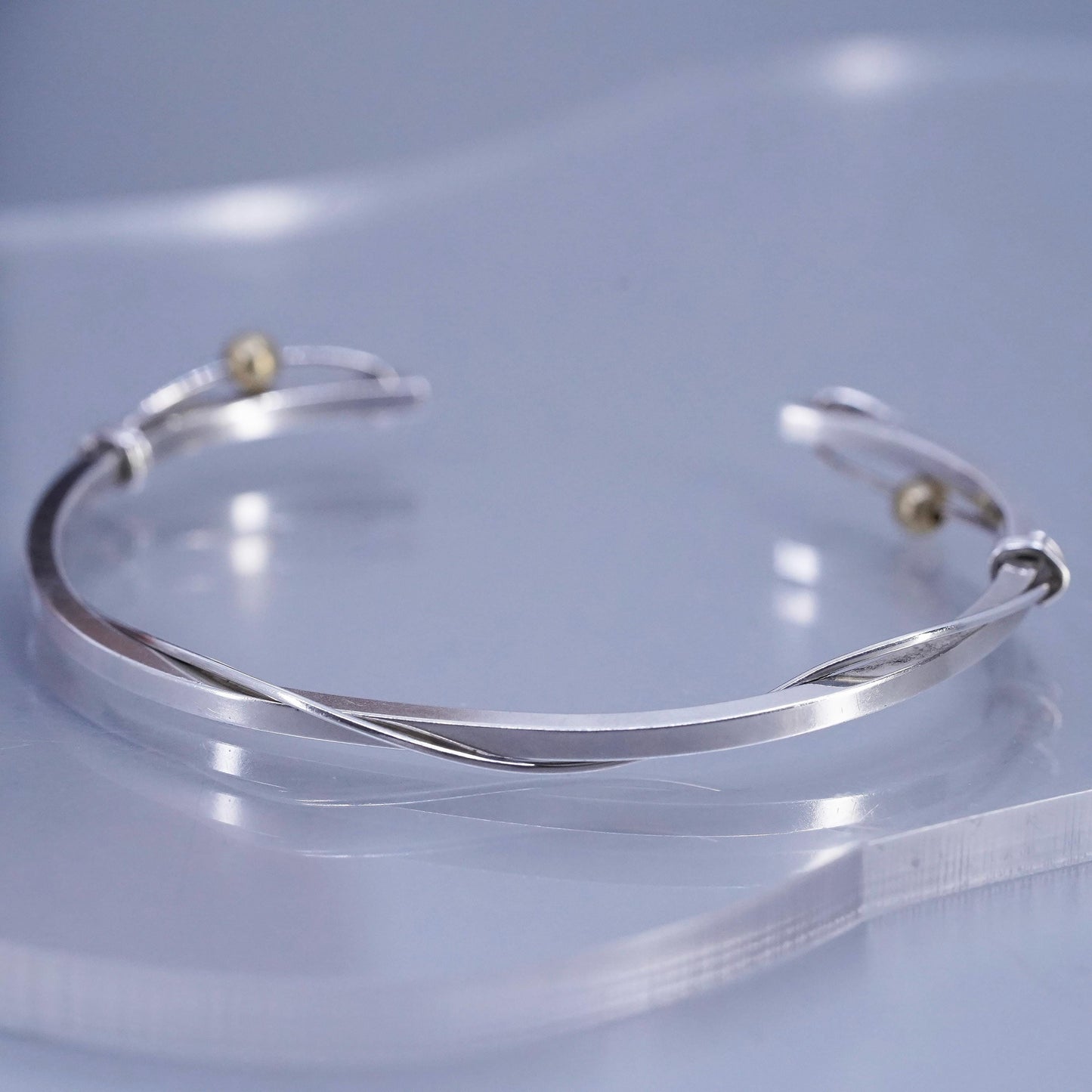 6.5”, Vintage two tone Sterling 925 silver bracelet, twisted cuff brass beads