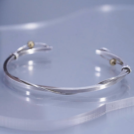 6.5”, Vintage two tone Sterling 925 silver bracelet, twisted cuff brass beads