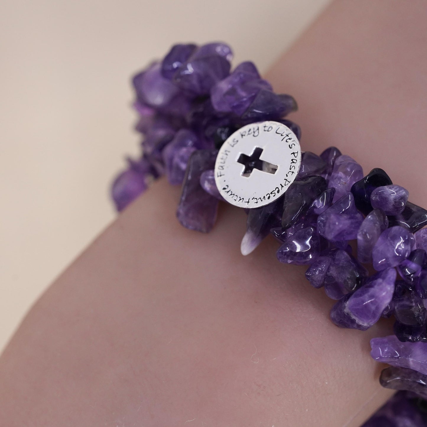 6.5", amethyst beads bracelet stretchy band sterling 925 silver cross charm