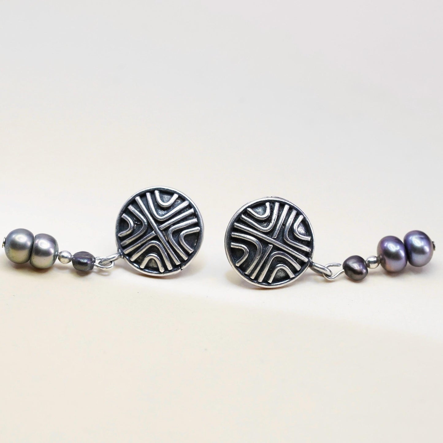 Vintage 925 Sterling Silver Black Freshwater Pearl Earrings, Geometric Studs