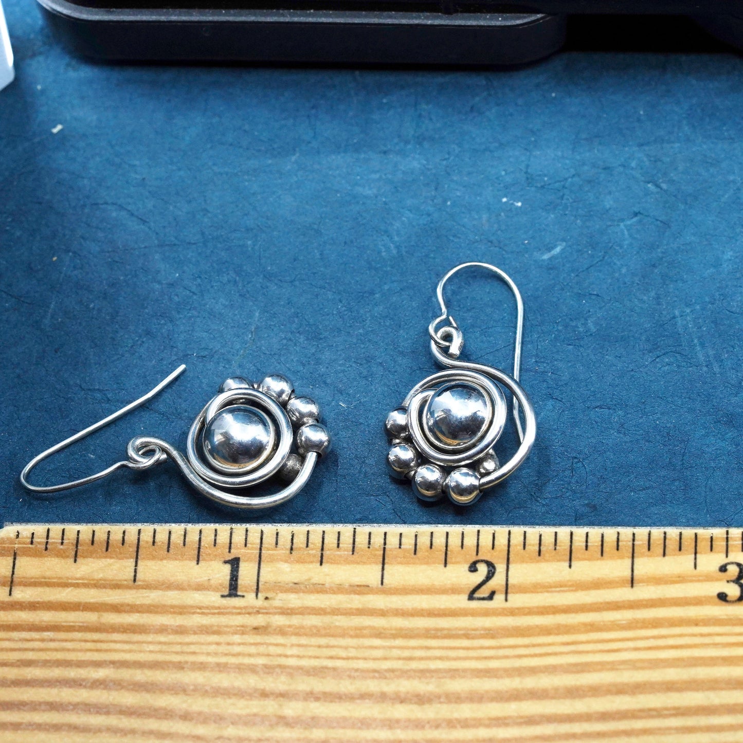 Vintage sterling silver handmade earrings, 925 silver beads sprial drops