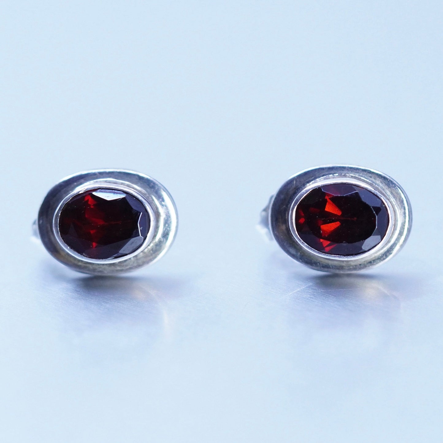Vintage Sterling 925 silver handmade earrings, oval studs with ruby