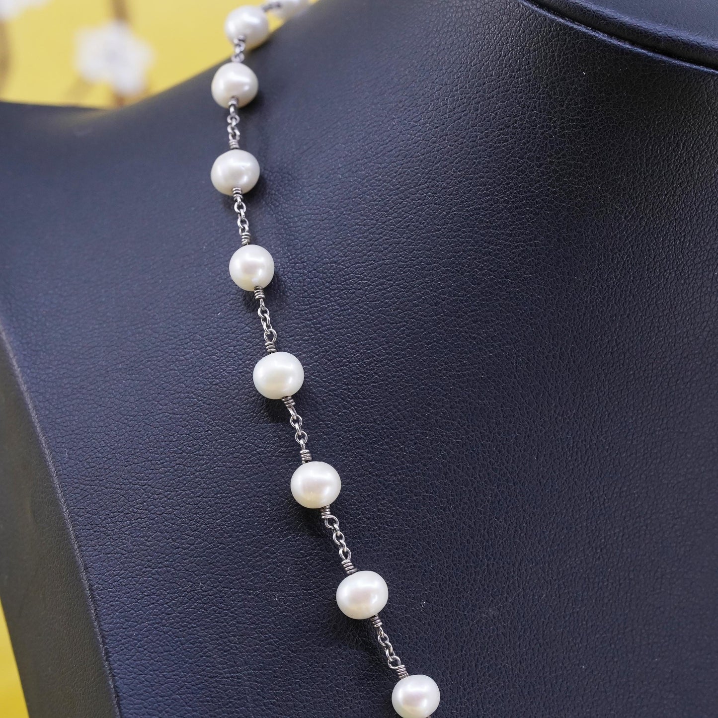 16", vintage Sterling 925 silver handmade necklace with 6mm pearls beads