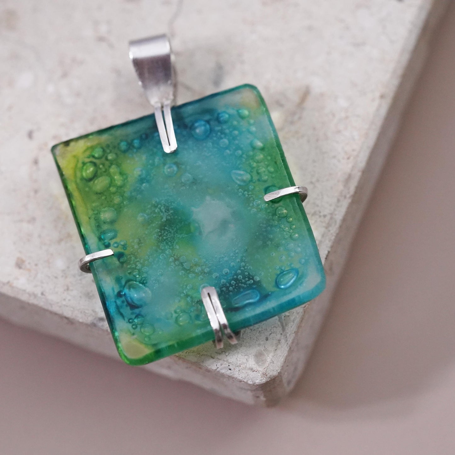 Vintage sterling 925 silver handmade square pendant green dichroic foiled glass