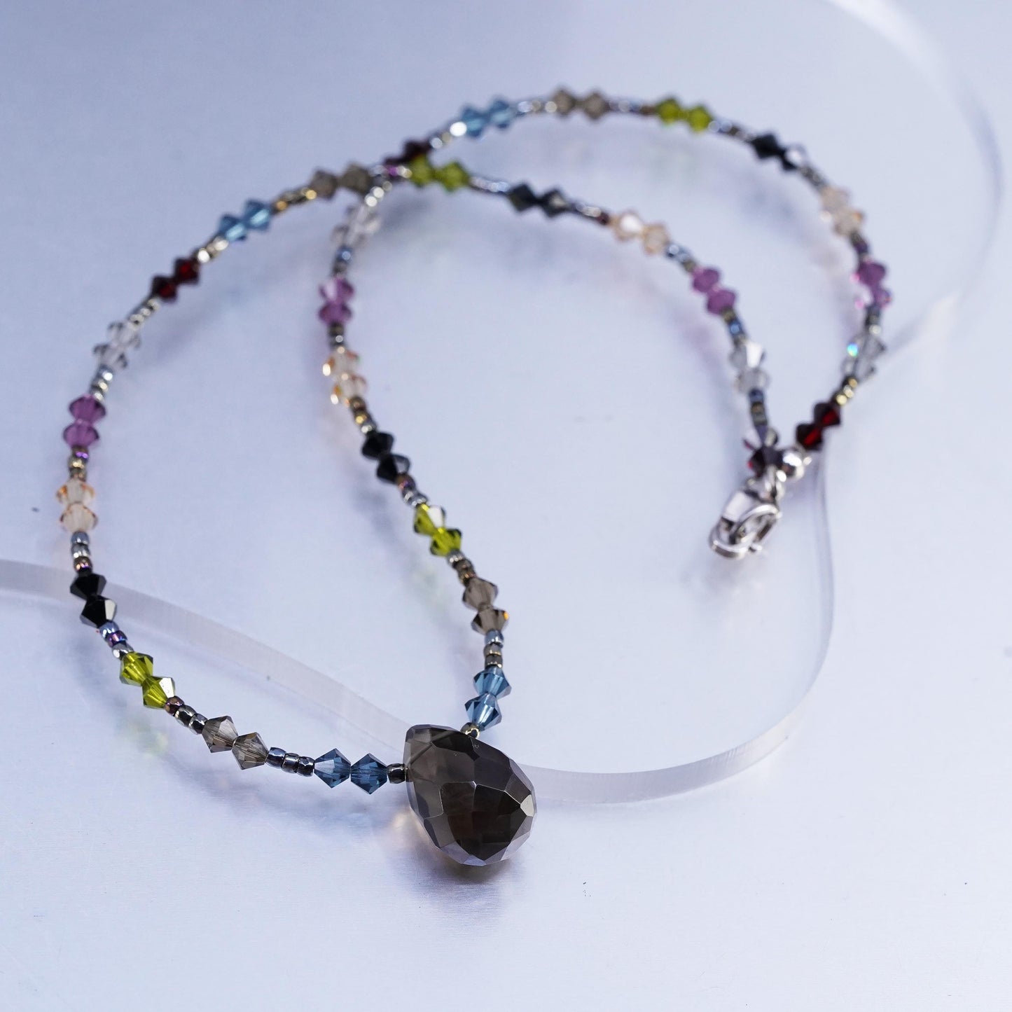 16”, Sterling 925 silver necklace crystal beads teardrop smoky quartz pendant