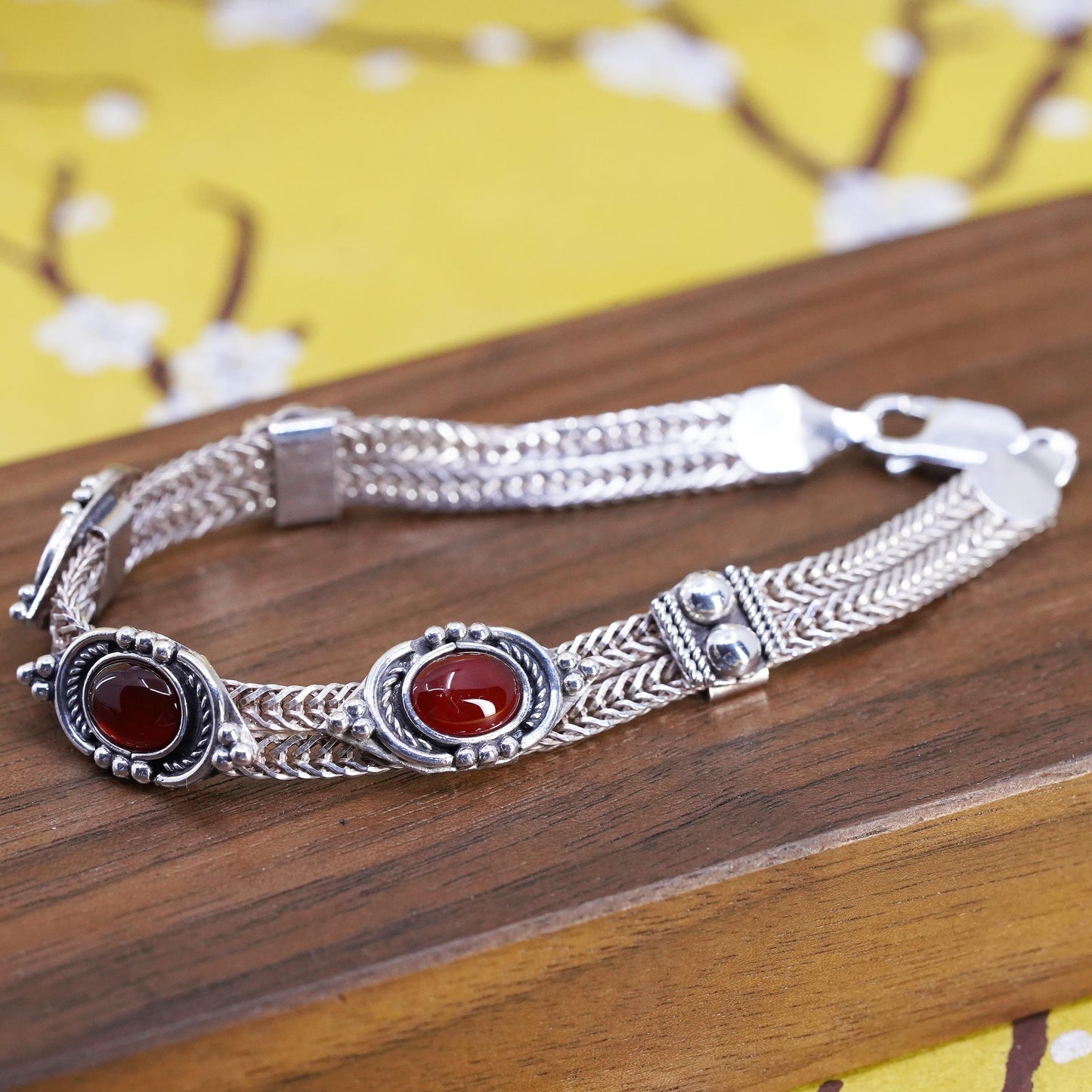 7”, VTG sterling silver bracelet, multi strands 925 wheat chain oval carnelian
