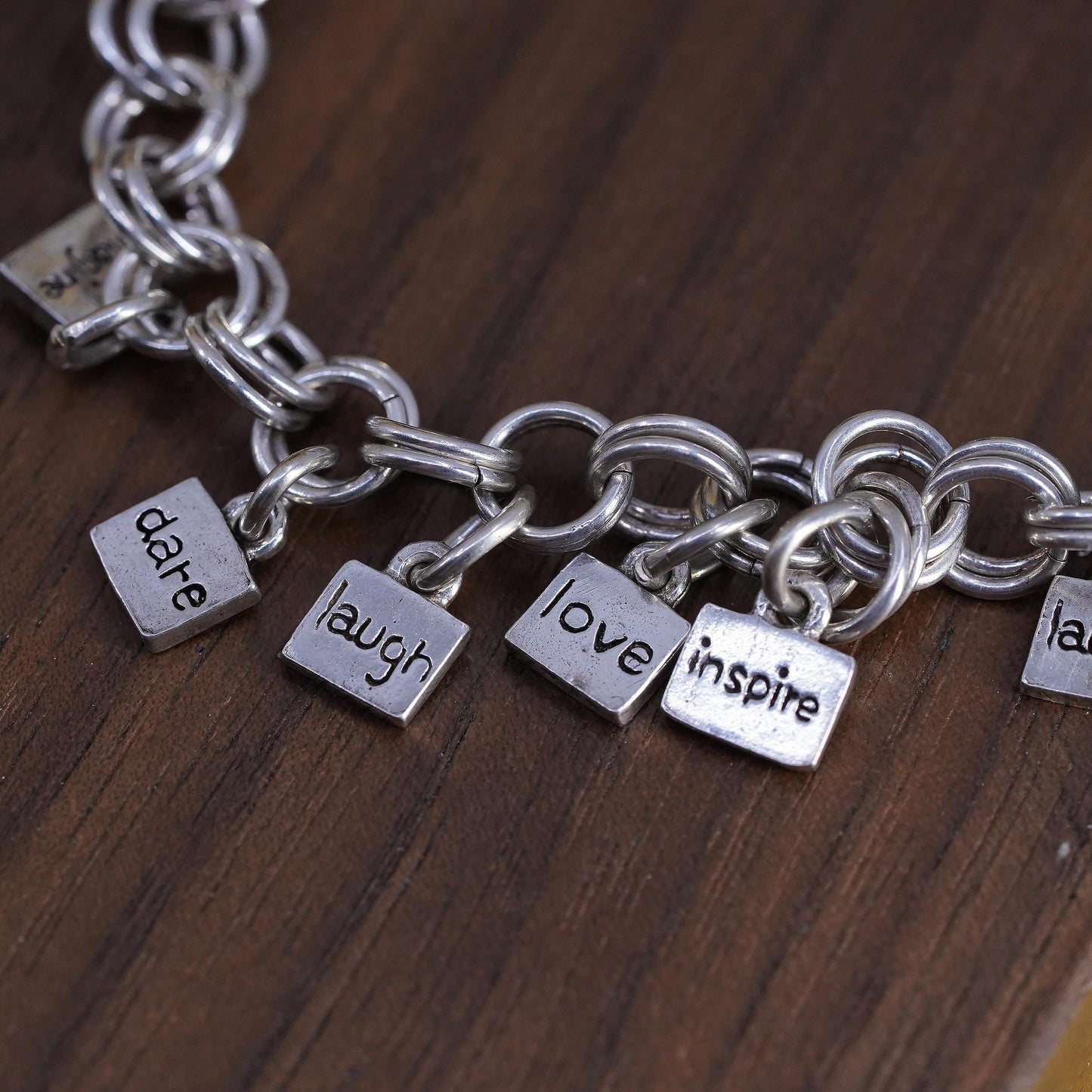 7.25" 925 Sterling Silver Charm Bracelet, Believe Live Laugh Love Quote Chain