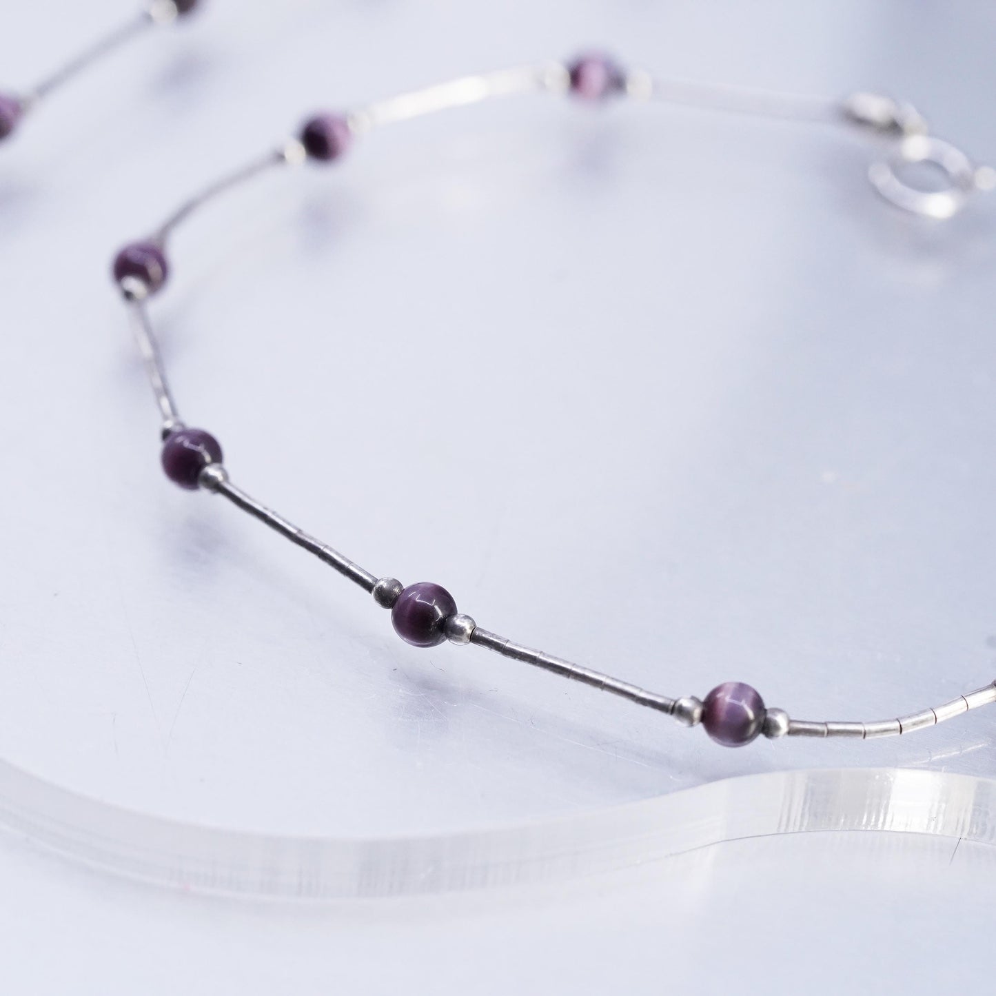 15", Native American Sterling 925 liquid silver necklace purple tiger eye beads