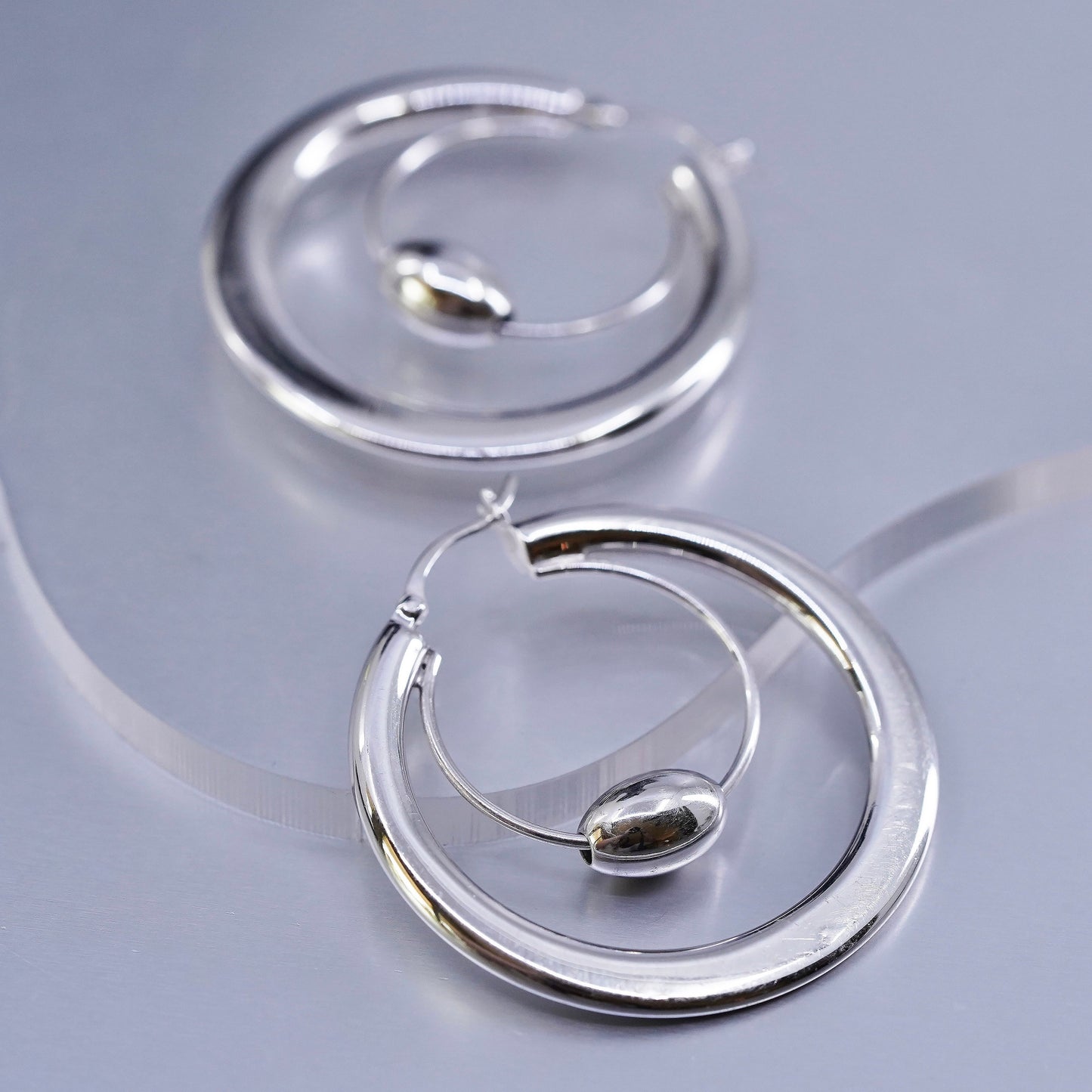 1.75”, vintage Sterling silver handmade earrings, huge 925 bold hoops w/ beads